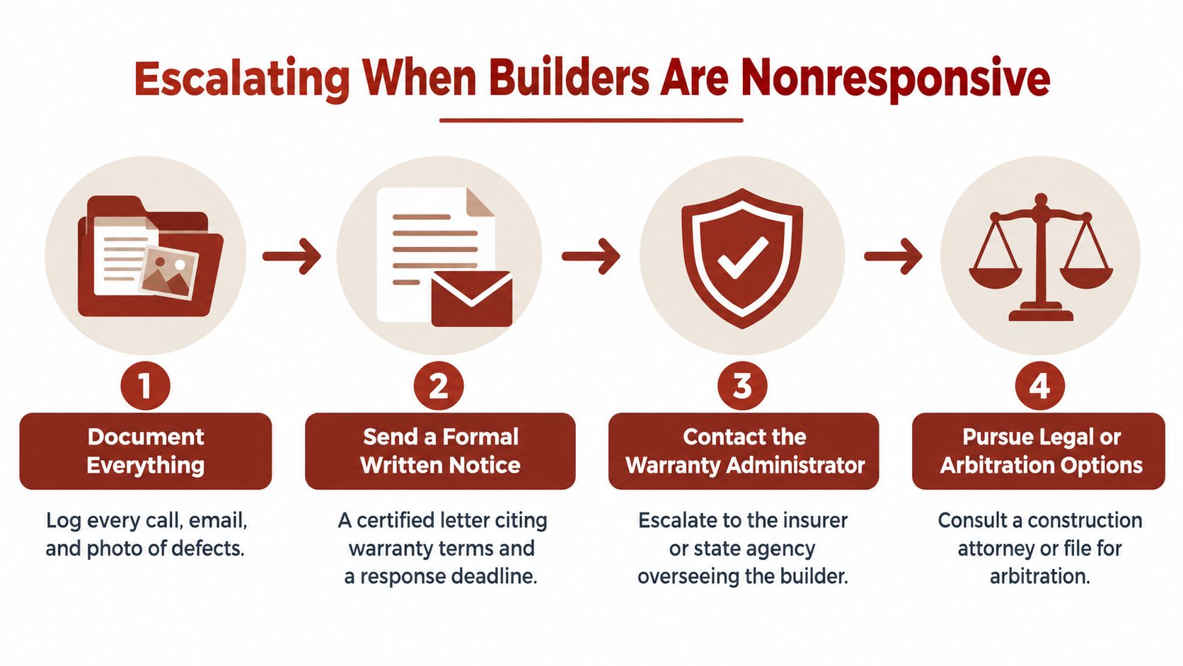 A four-step infographic illustrating the process for escalating issues when a home builder is unresponsive to warranty claims.