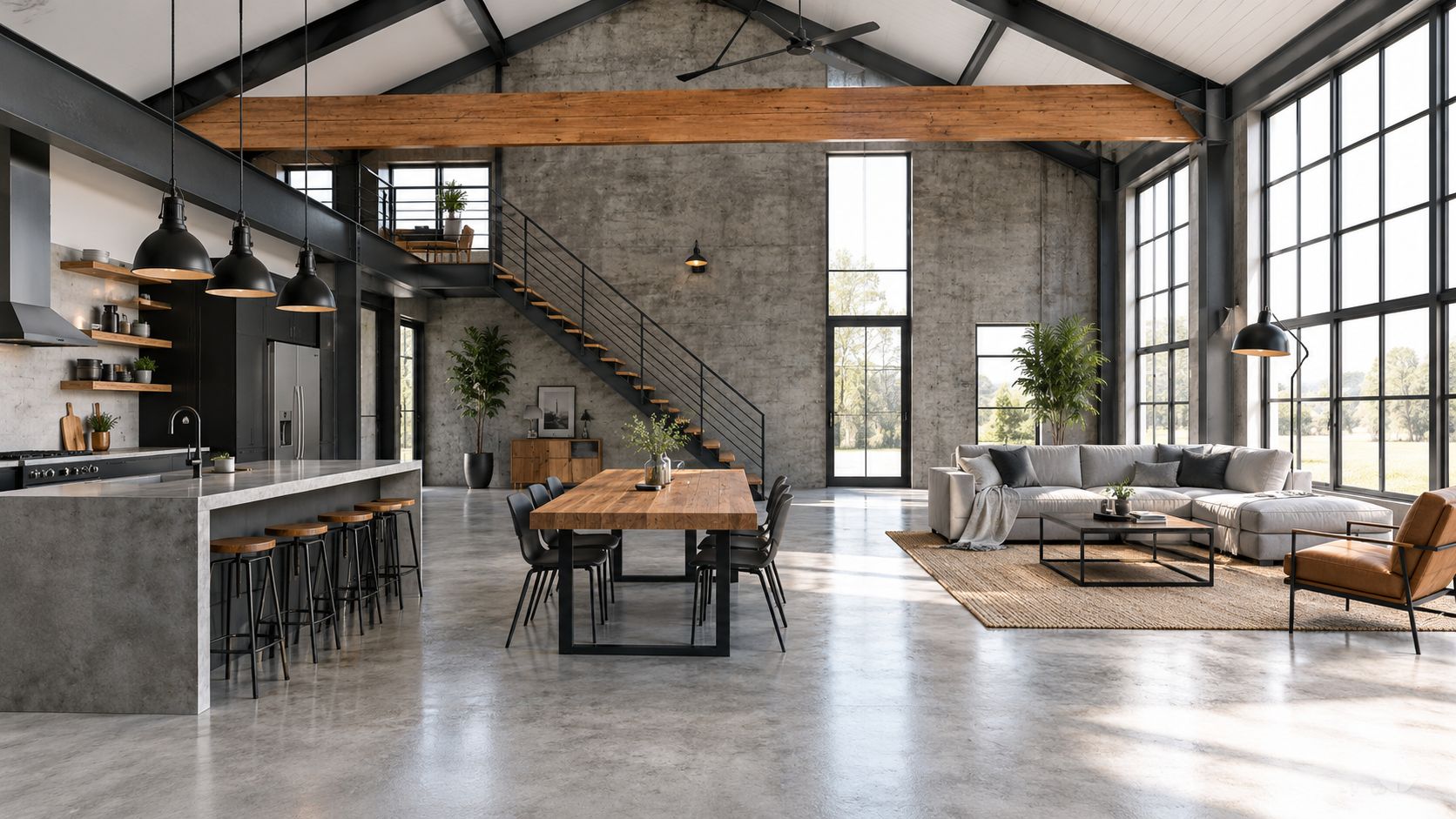 A modern industrial loft with an open plan kitchen, dining area, and living space with high ceilings.