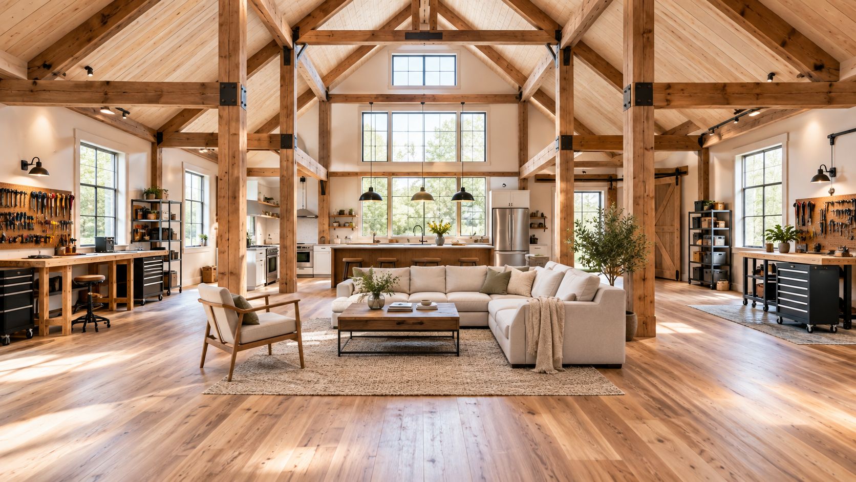 A spacious open-concept workshop and living area featuring timber frame construction with cozy lounge seating