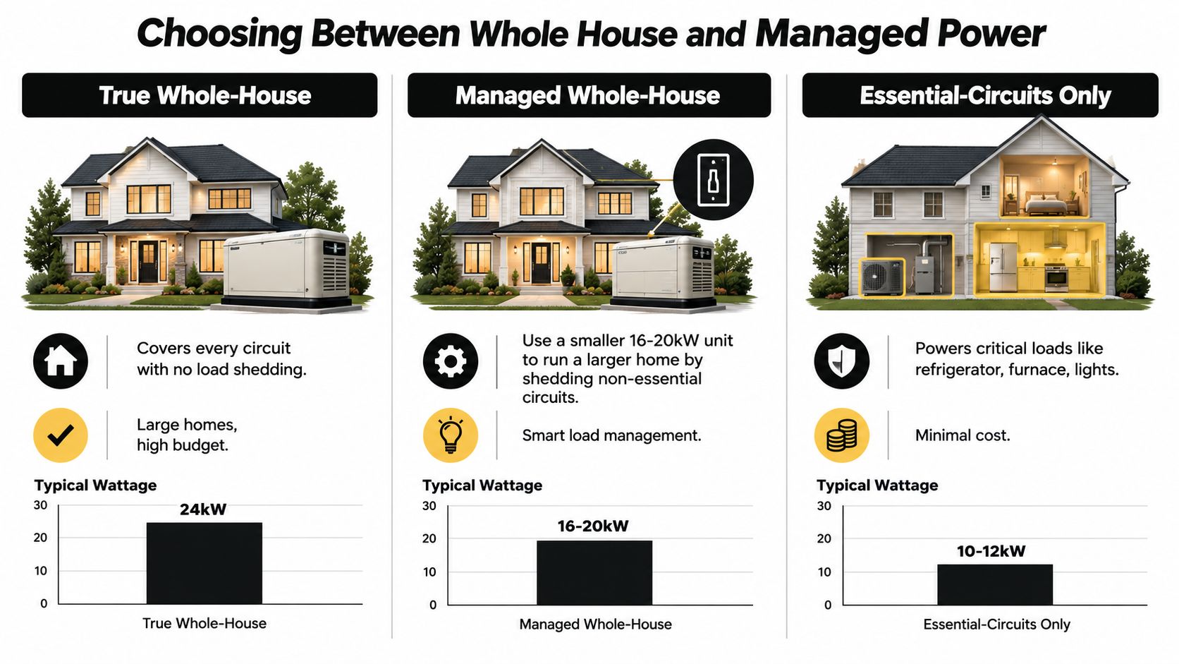 A comparison chart showing three types of home generator systems: True Whole-House, Managed Whole-House, and Essential-Circuits Only.