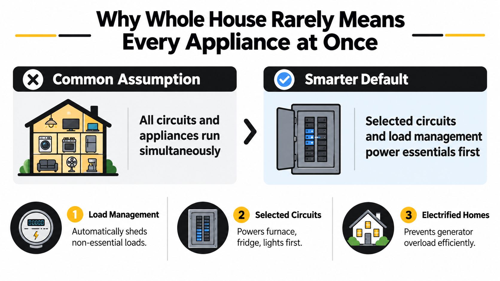 An infographic showing that whole house power backup relies on intelligent load management instead of running every appliance.