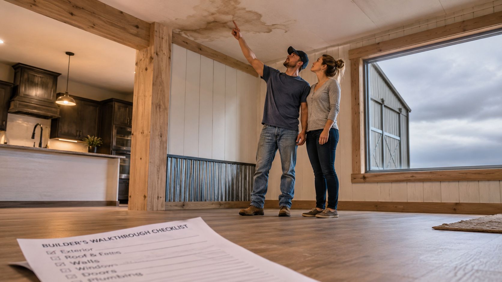 A couple inspecting a home during a walkthrough and noticing a water stain on the ceiling.