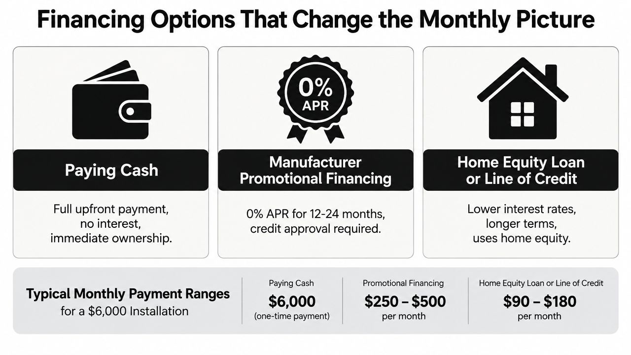 A comparison chart showing three different financing options for a six thousand dollar home generator installation project.