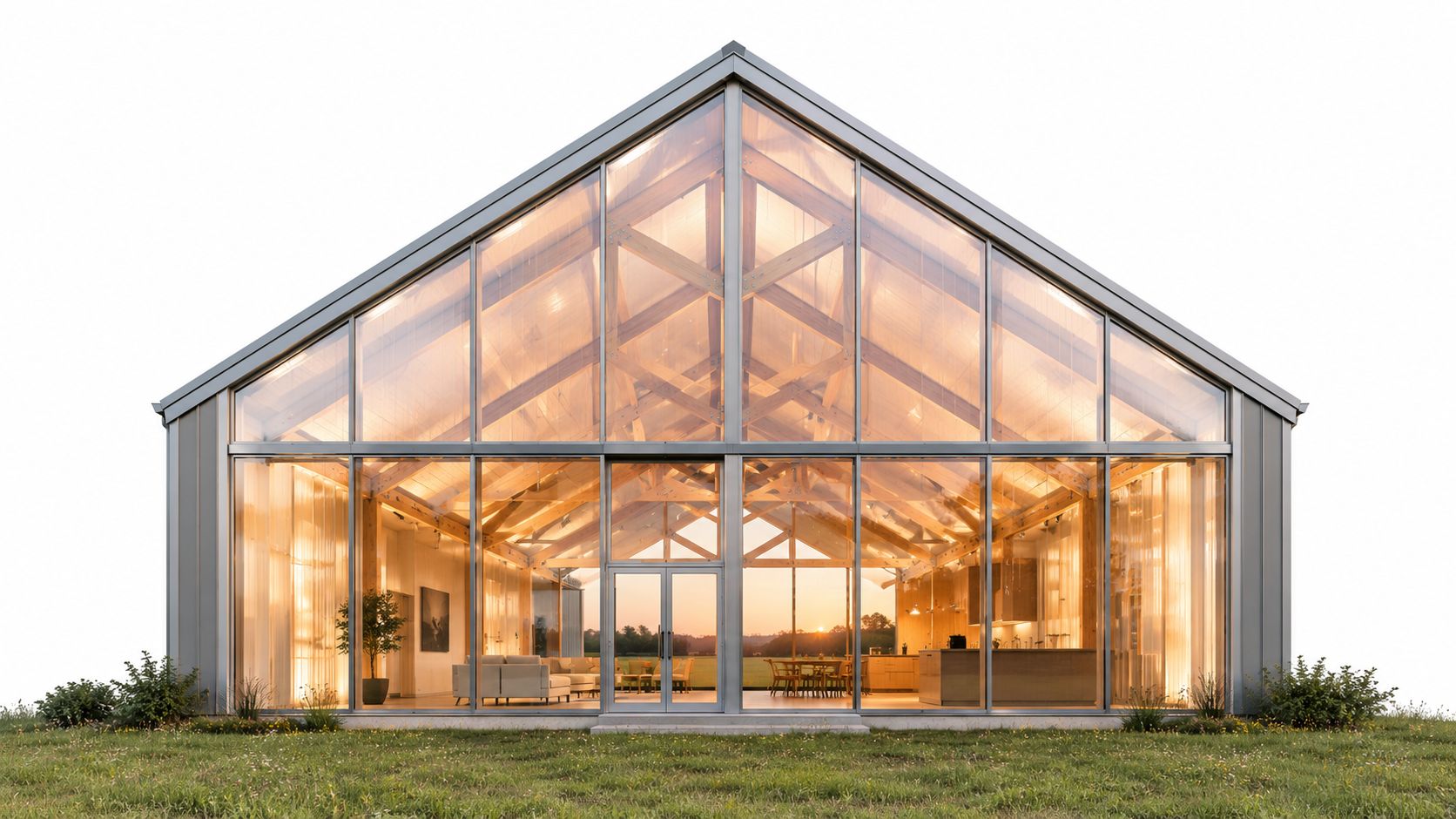 A modern glass barndominium featuring timber roof trusses and open-concept interiors set in a grassy landscape.