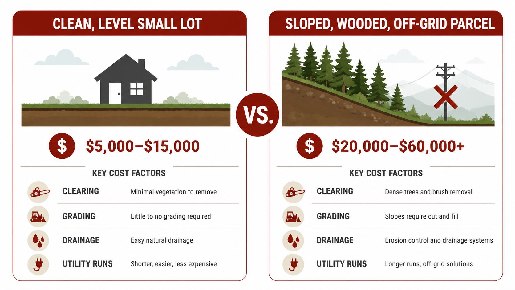 A comparison infographic showing the cost differences between preparing a level lot versus a sloped, wooded parcel.