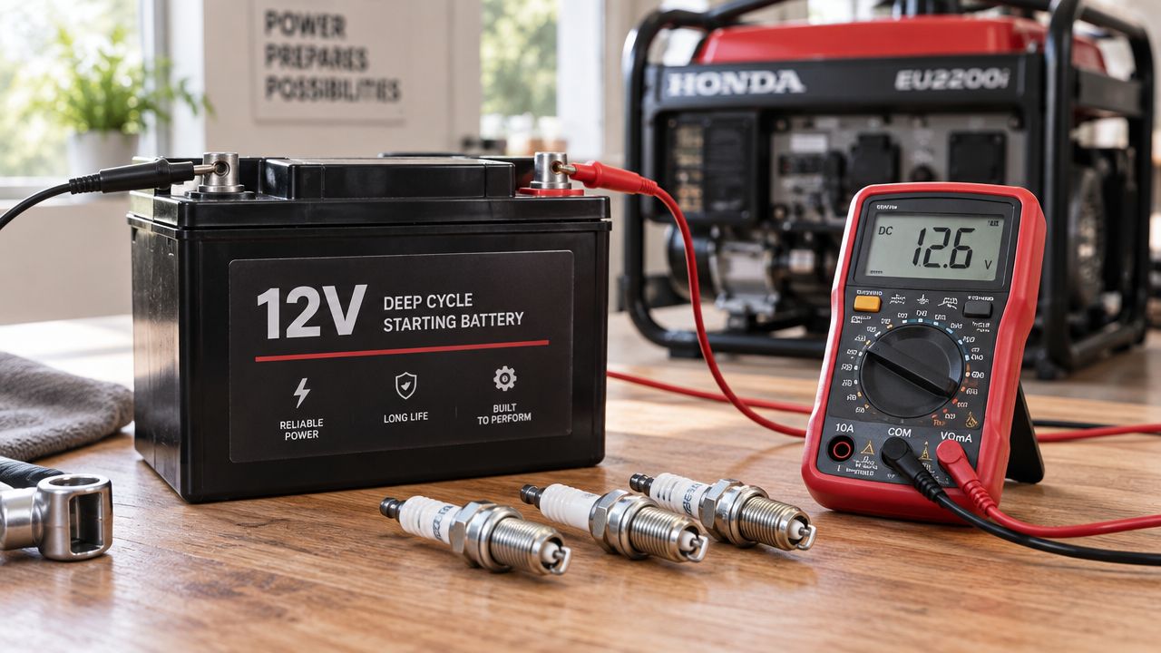A 12V deep cycle battery connected to a digital multimeter with spark plugs on a wooden table.