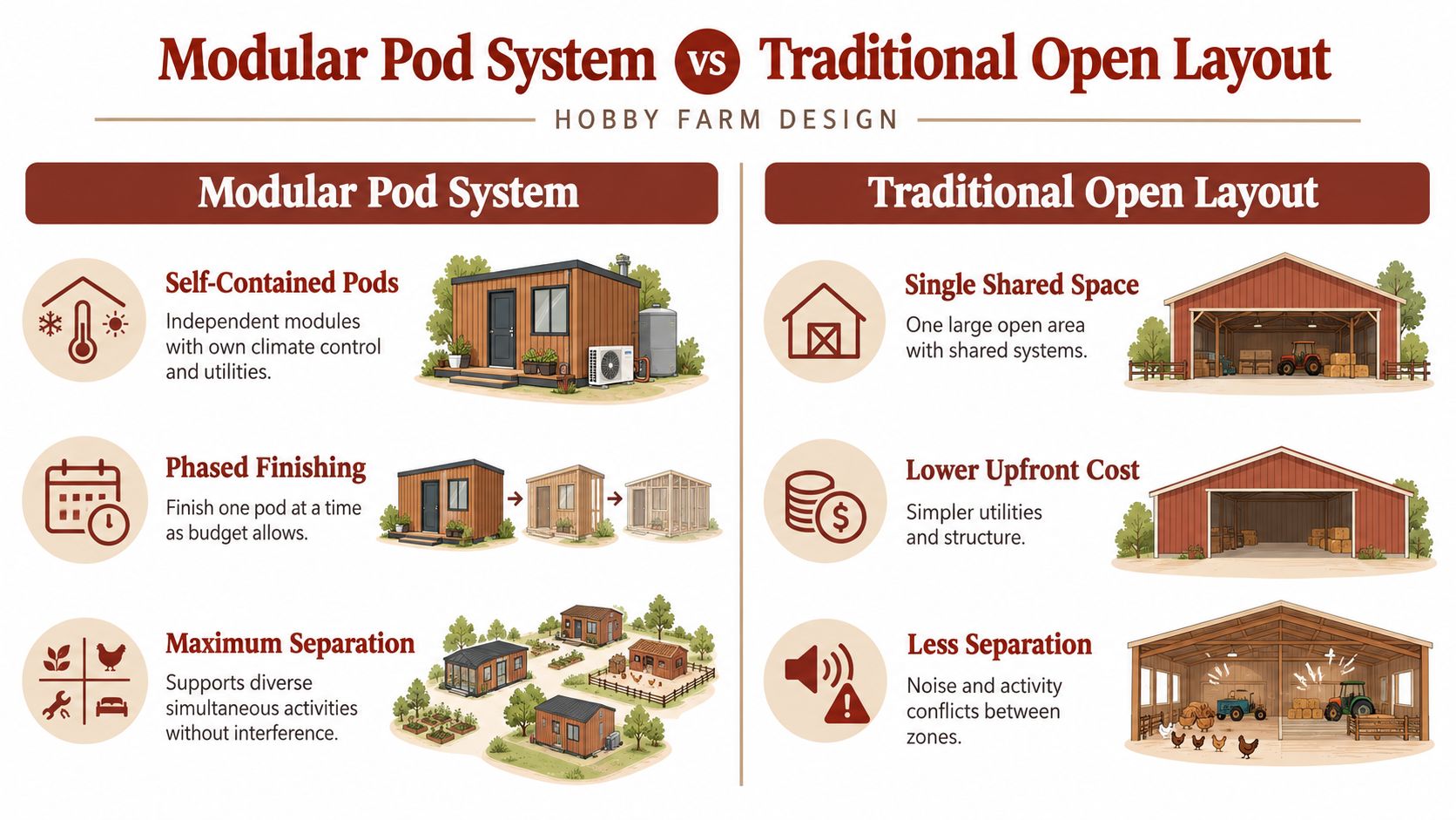 A comparison graphic between modular pod systems and traditional open layouts for hobby farm building design.