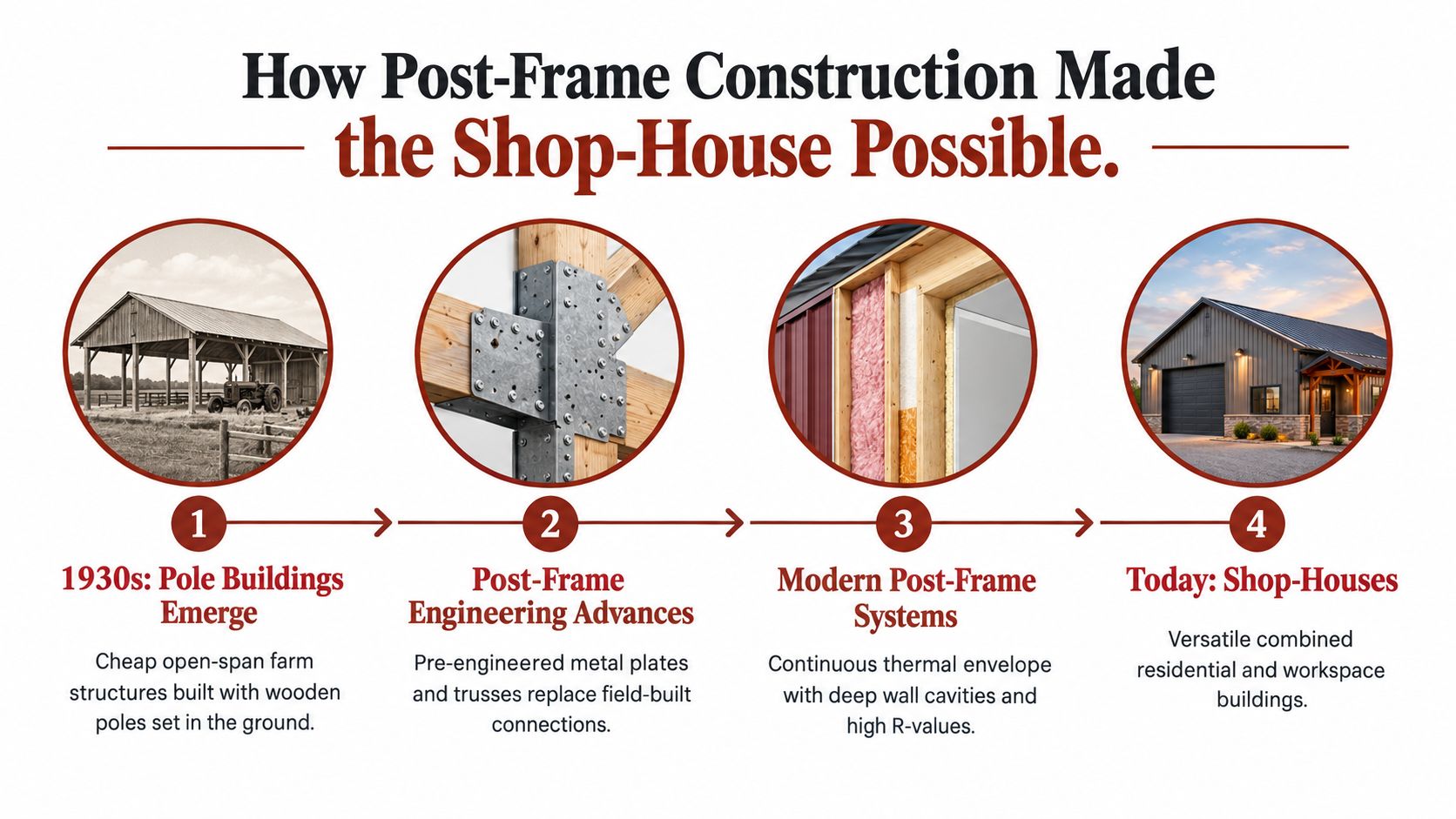 An infographic showing the evolution of post-frame construction from simple 1930s barns to modern shop-house residential buildings.