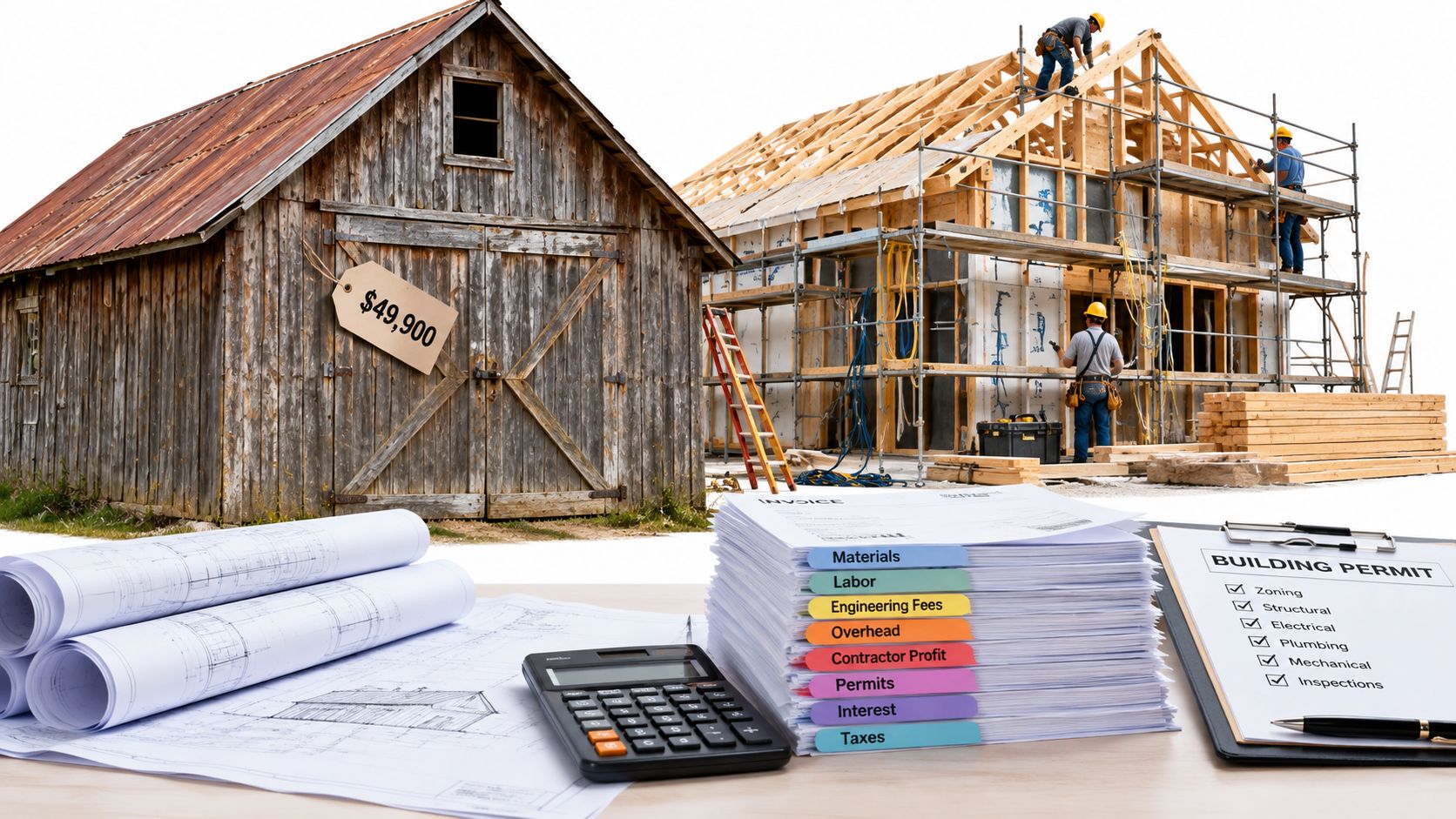 A rustic barn with a price tag next to a new house construction site with project documentation.