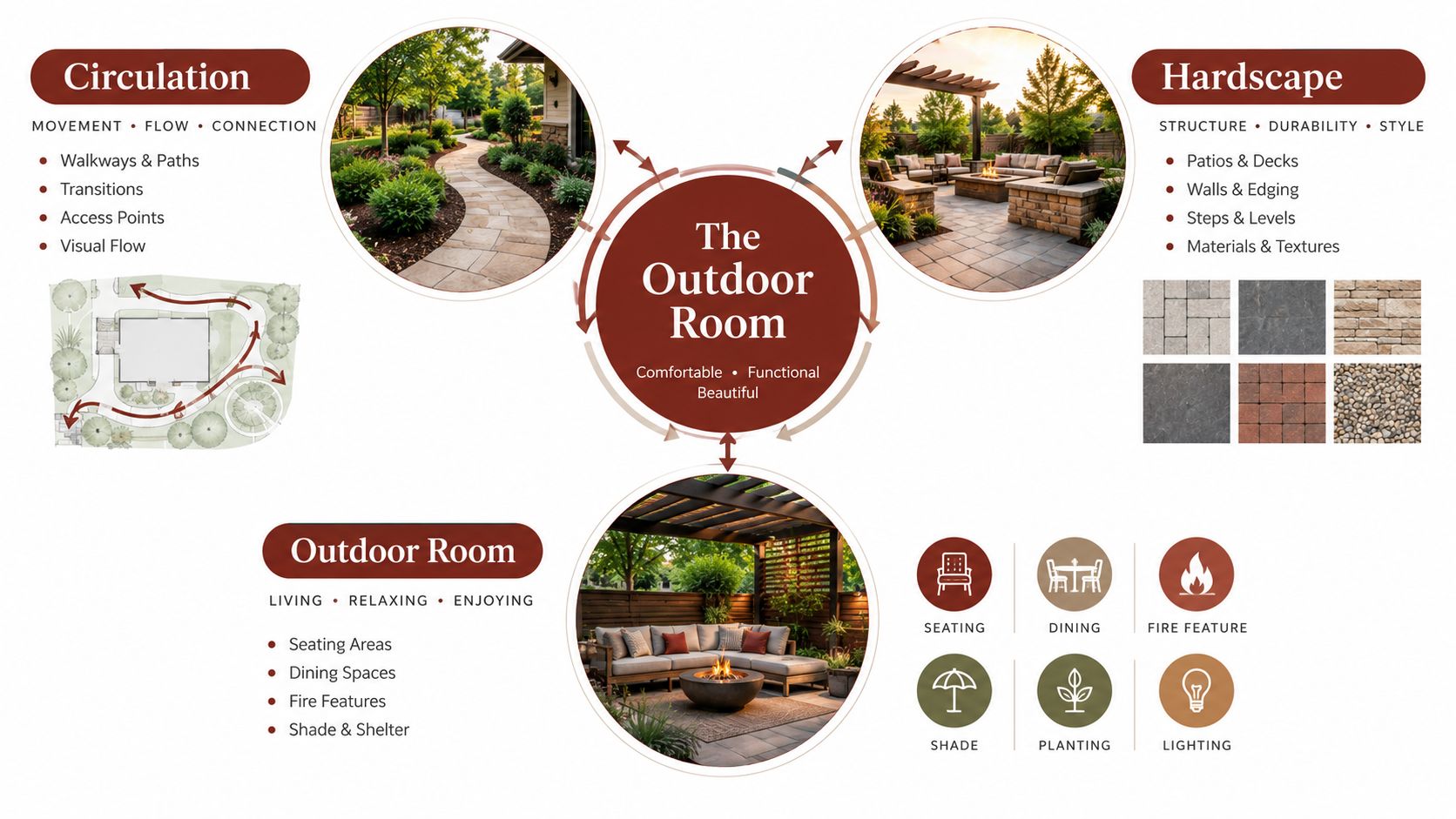 A diagram illustrating the key elements of outdoor space planning including circulation, hardscape, and functional outdoor room features.
