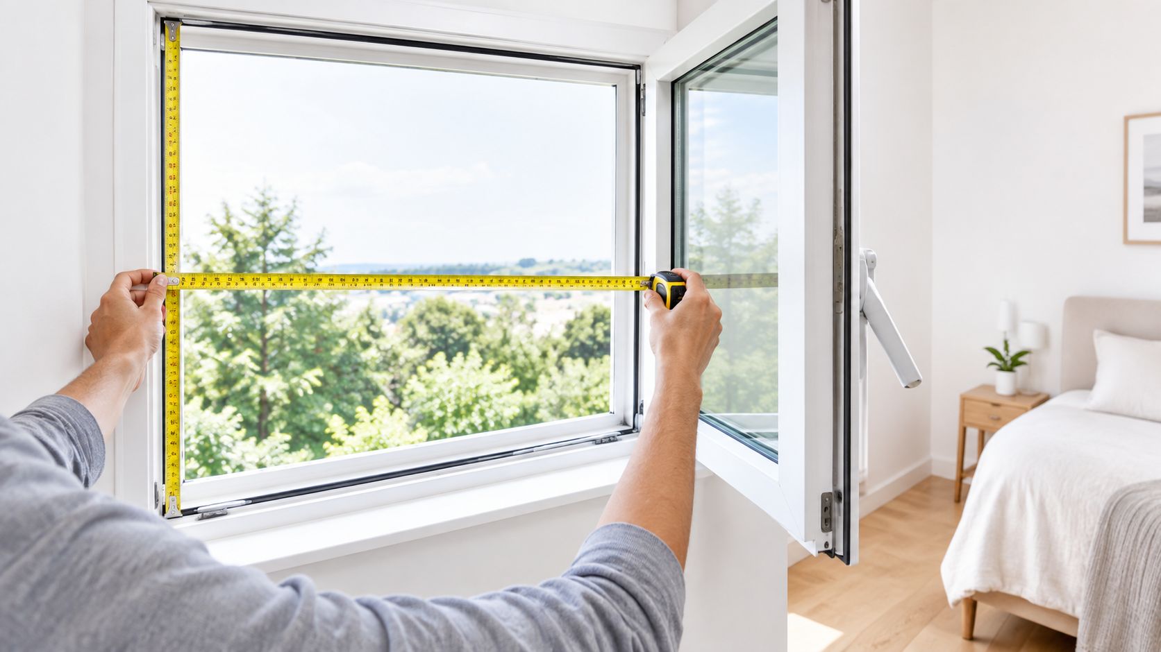 A person using a yellow tape measure to determine the width of an open bedroom window.