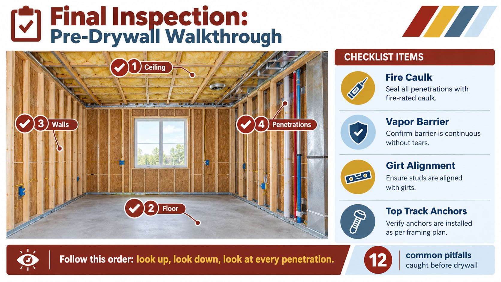 A construction checklist infographic for a pre-drywall walkthrough inside a wood and metal framed building room.