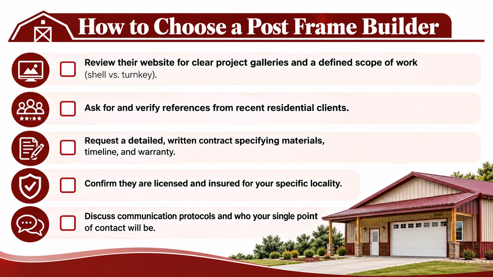 A checklist graphic titled How to Choose a Post Frame Builder with professional tips for homeowners.