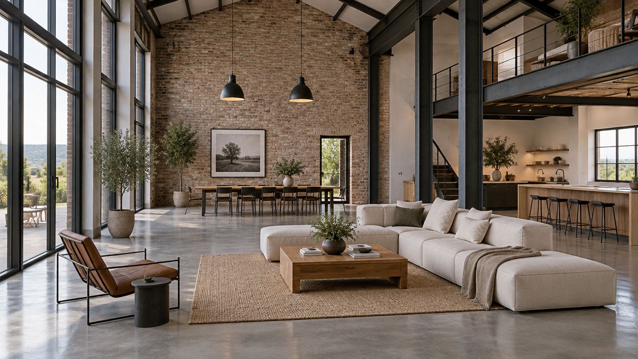 A spacious, modern barn house interior featuring an open-plan layout with exposed brick walls, industrial steel beams, and minimalist furniture.