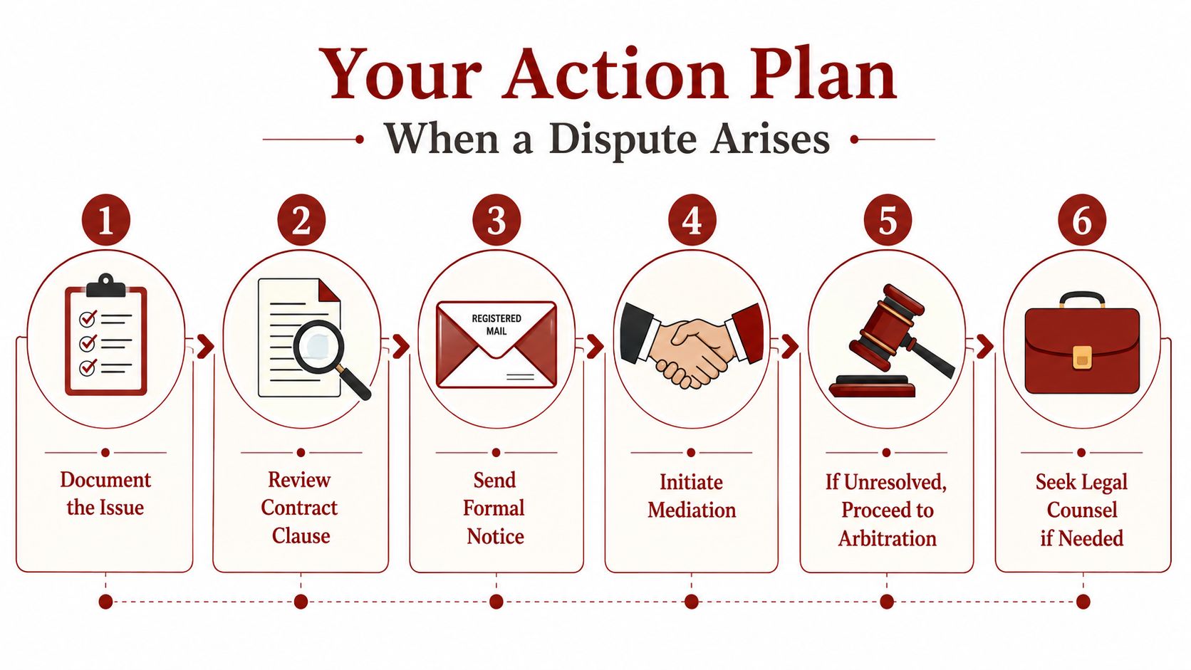 A six-step action plan infographic detailing the process to follow when a professional dispute arises.
