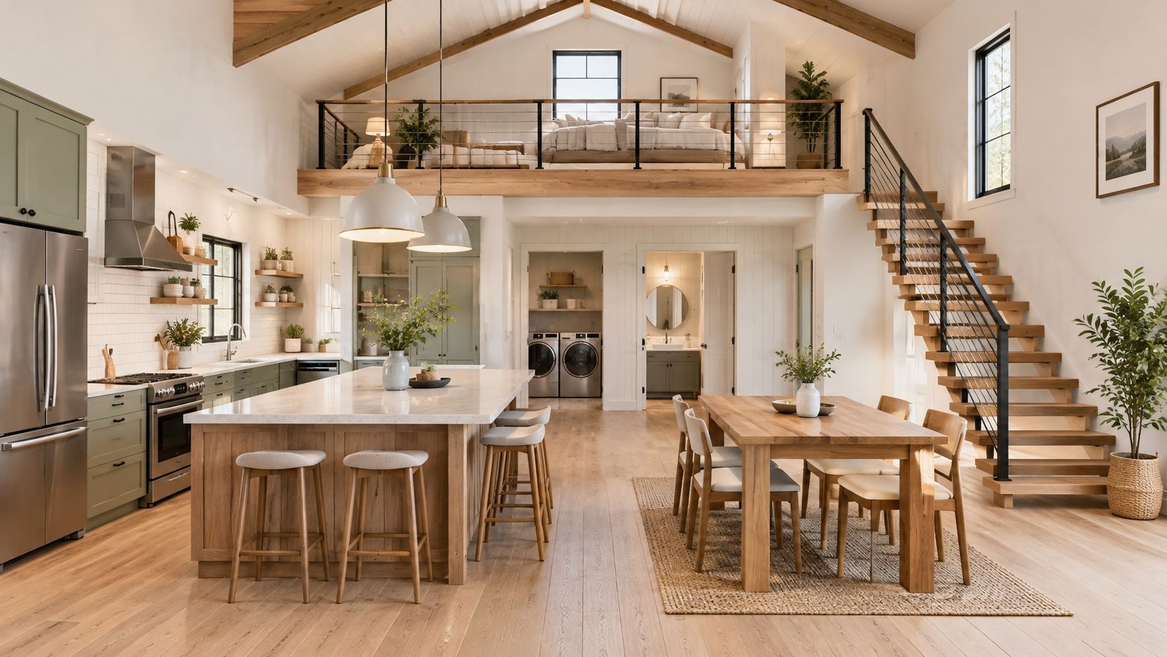 A bright, airy open concept barndominium featuring a modern kitchen, wooden staircase, and a loft bedroom area.