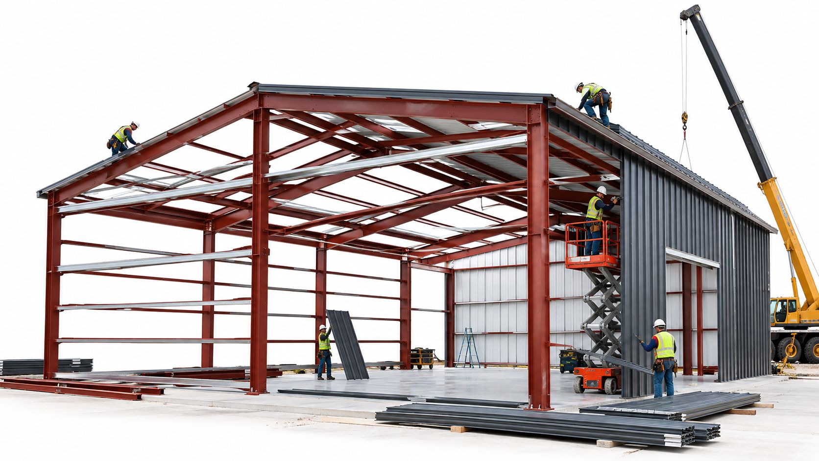 Construction workers assemble a metal barndominium shell, installing siding and roofing on a steel framework.