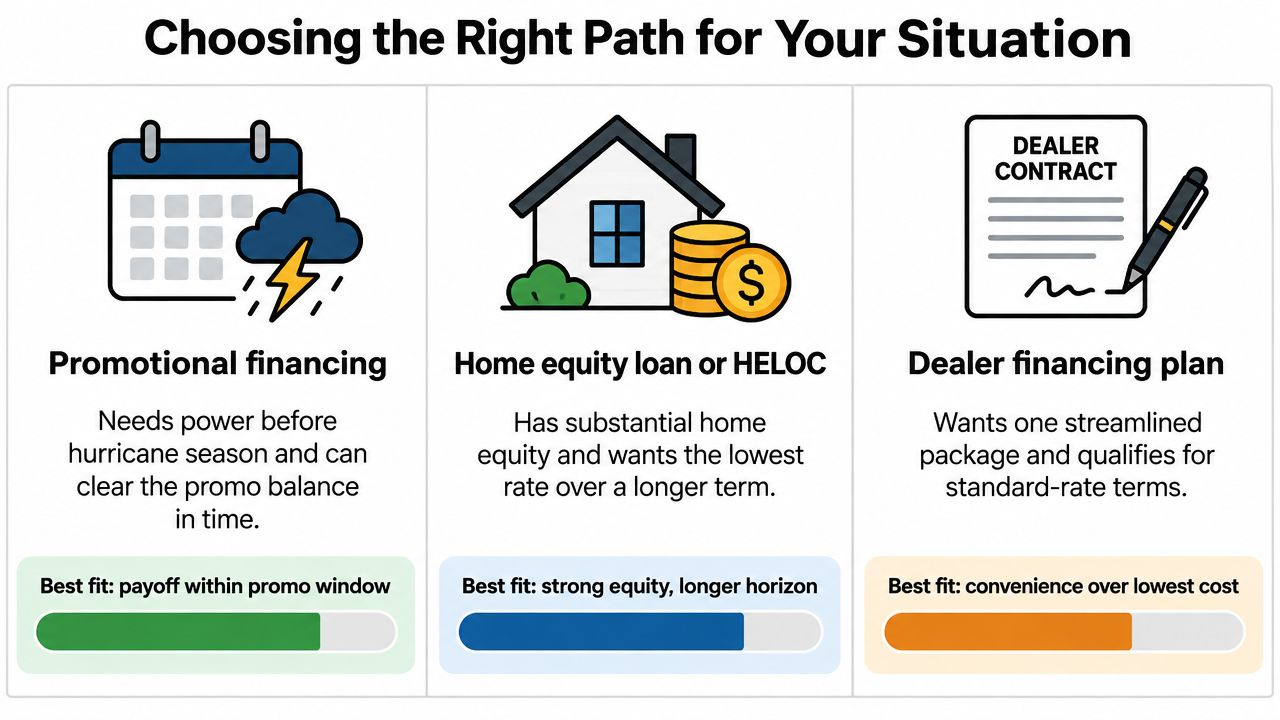 A chart comparing three financing options for standby generators including promotional financing, home equity loans, and dealer plans.