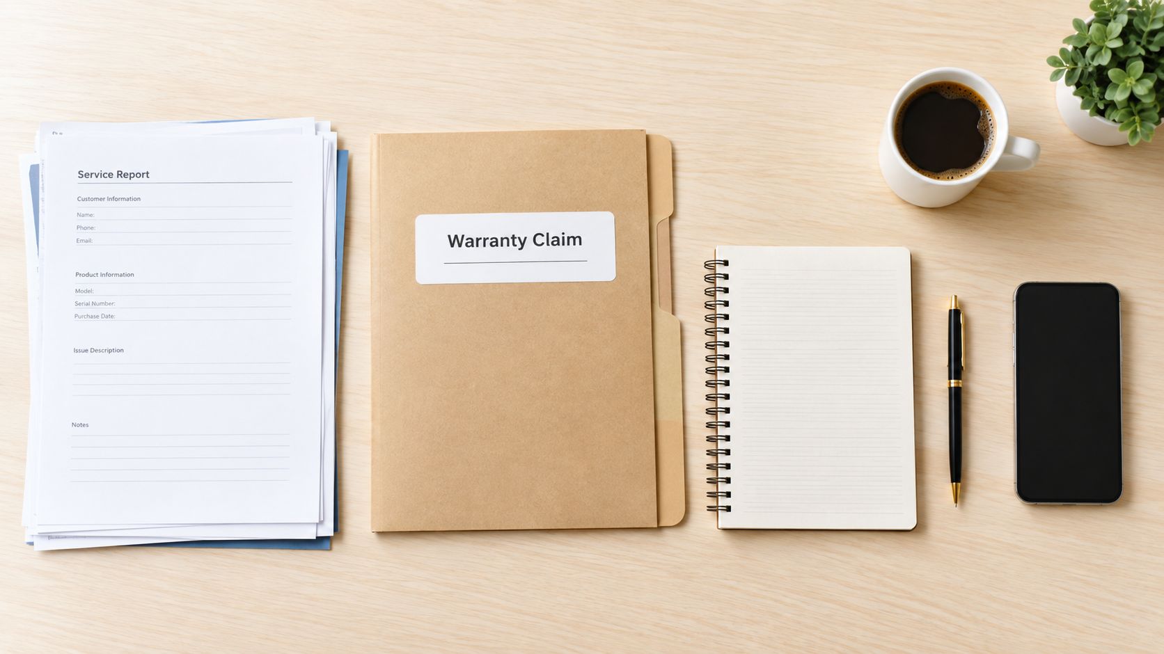 A top-down view of a wooden desk featuring a service report, warranty claim folder, notebook, pen, and smartphone.