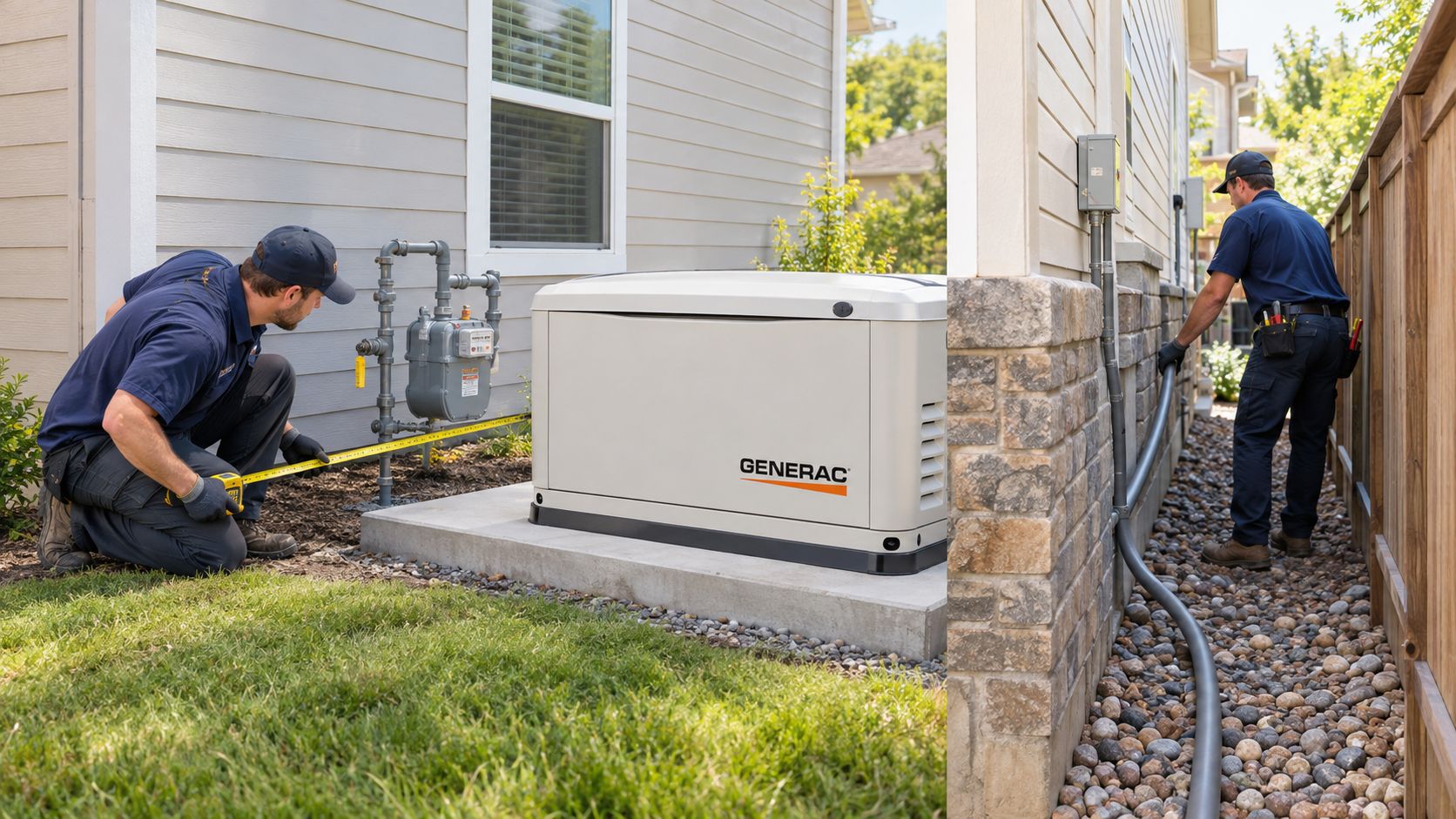 Two technicians professionally installing a Generac whole house generator system next to a residential house exterior.