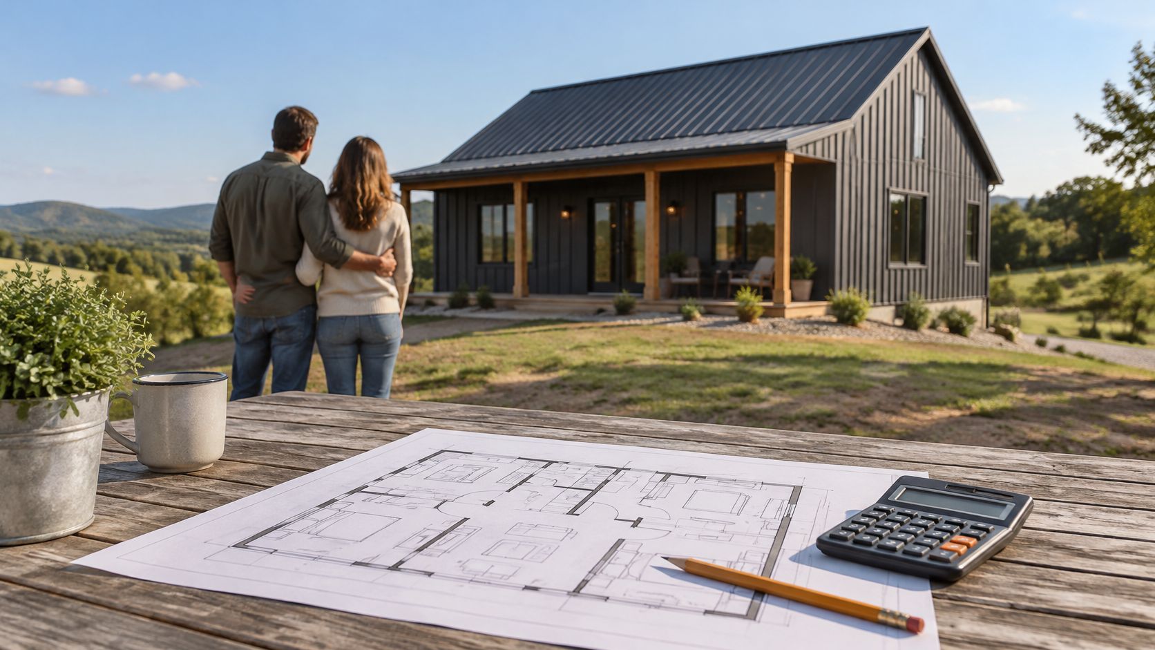 A couple looks at their new modern barndominium house while reviewing floor plans on a wooden table.