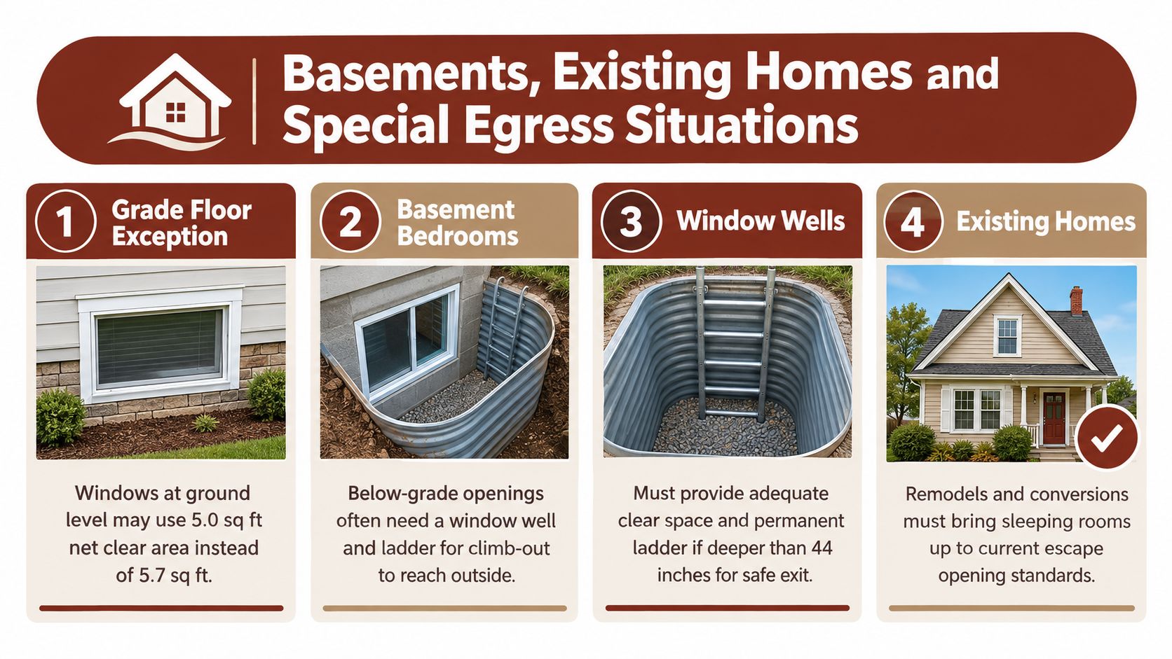 An infographic detailing safety and egress requirements for basement bedrooms, window wells, and home remodels.