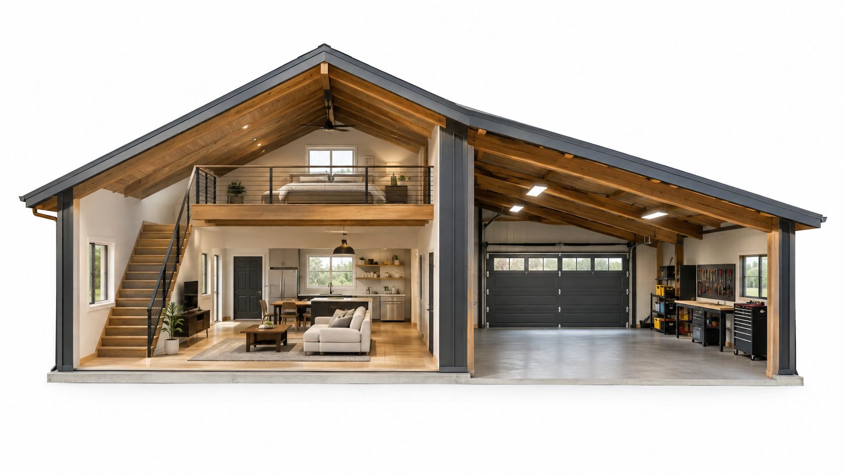 A cutaway view of a modern open concept barndominium featuring a living area, loft bedroom, and garage.