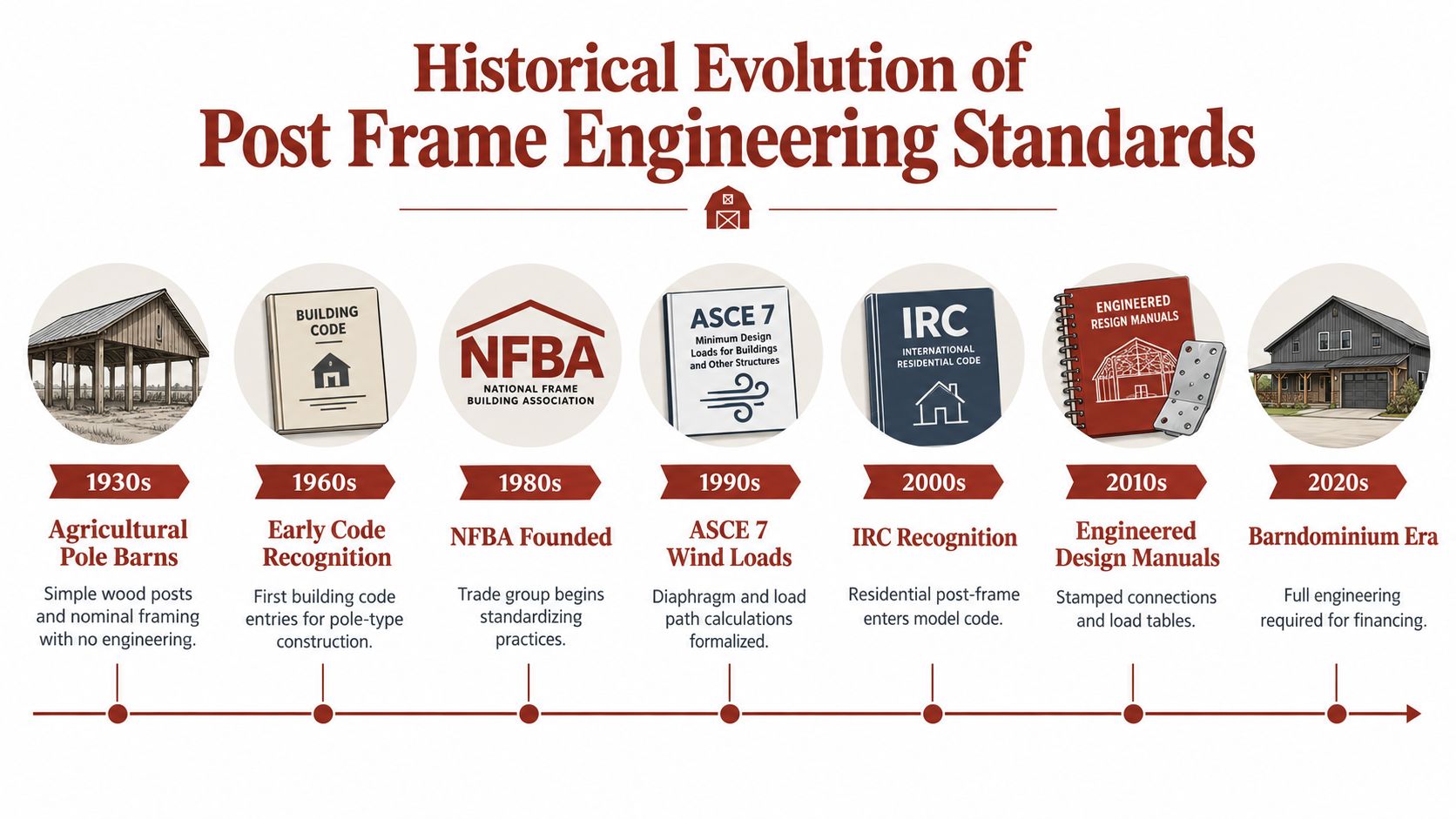 A timeline chart illustrating the historical evolution of post frame building engineering standards from the 1930s to the 2020s.