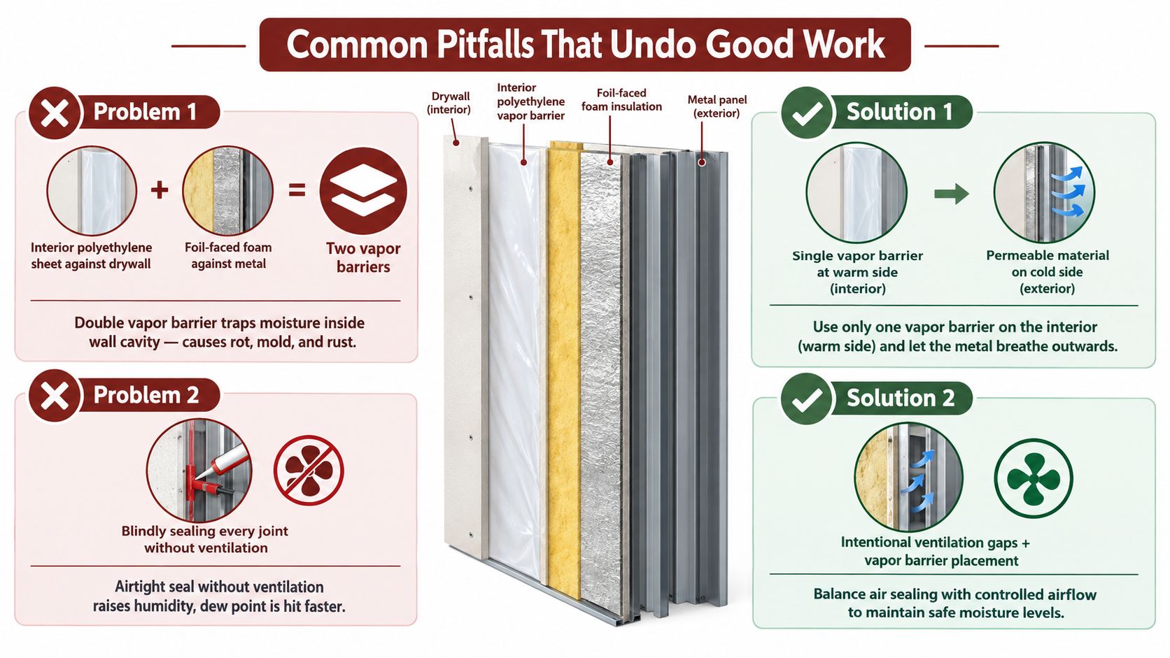 A diagram illustrating common construction pitfalls regarding vapor barriers and air sealing to prevent building moisture damage.