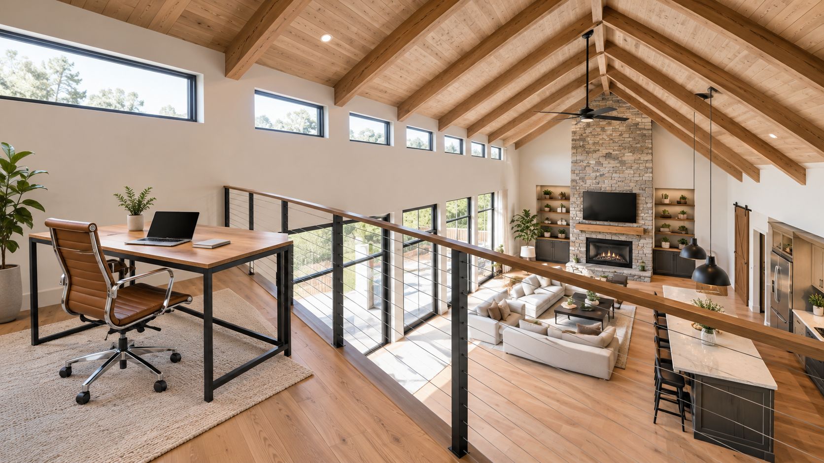 A modern open concept barndominium loft featuring a sleek home office overlooking a spacious living area below.