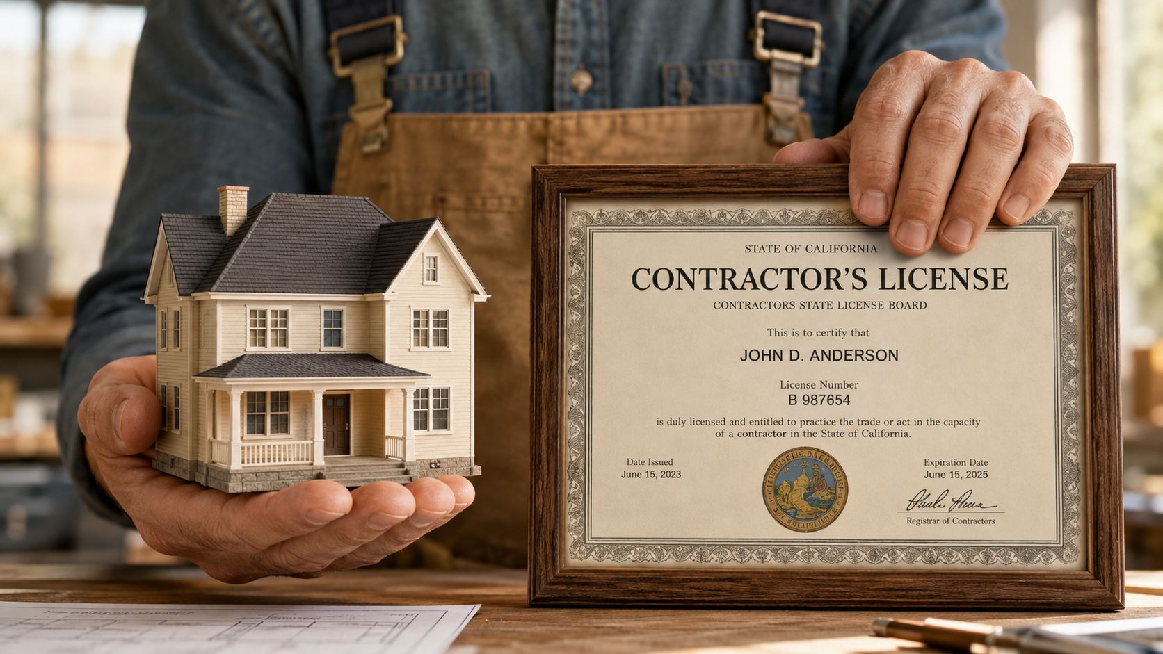 A professional contractor in a workshop holding a miniature house model and his framed contractor license certificate.