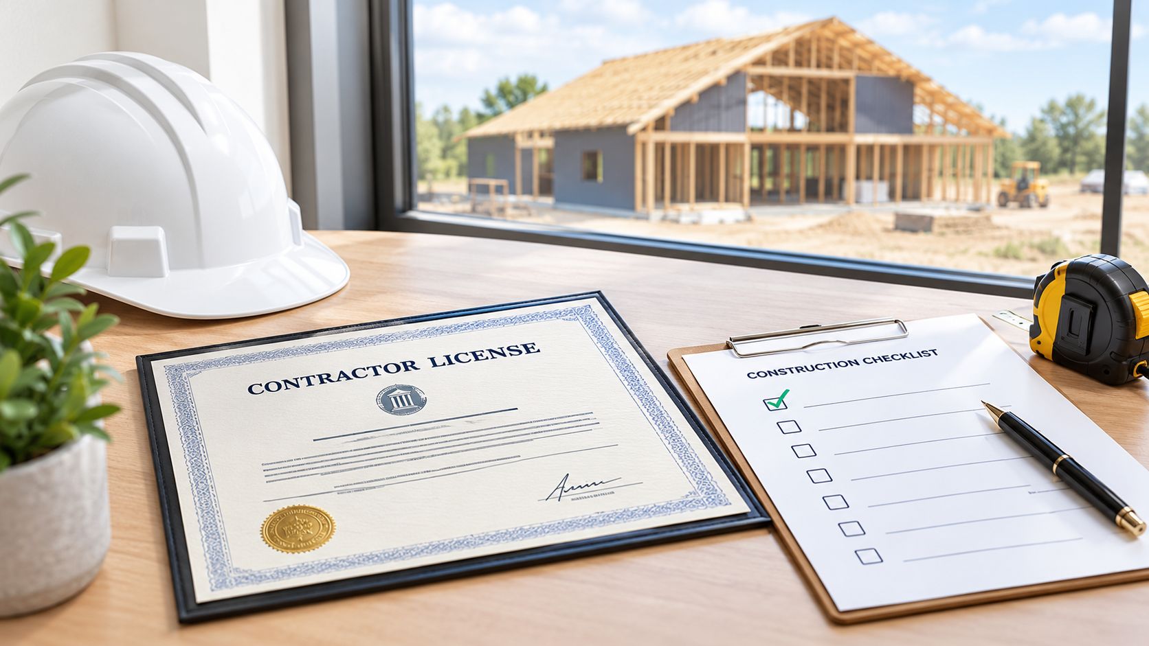 A contractor license and construction checklist on a desk with a hard hat and building site background.