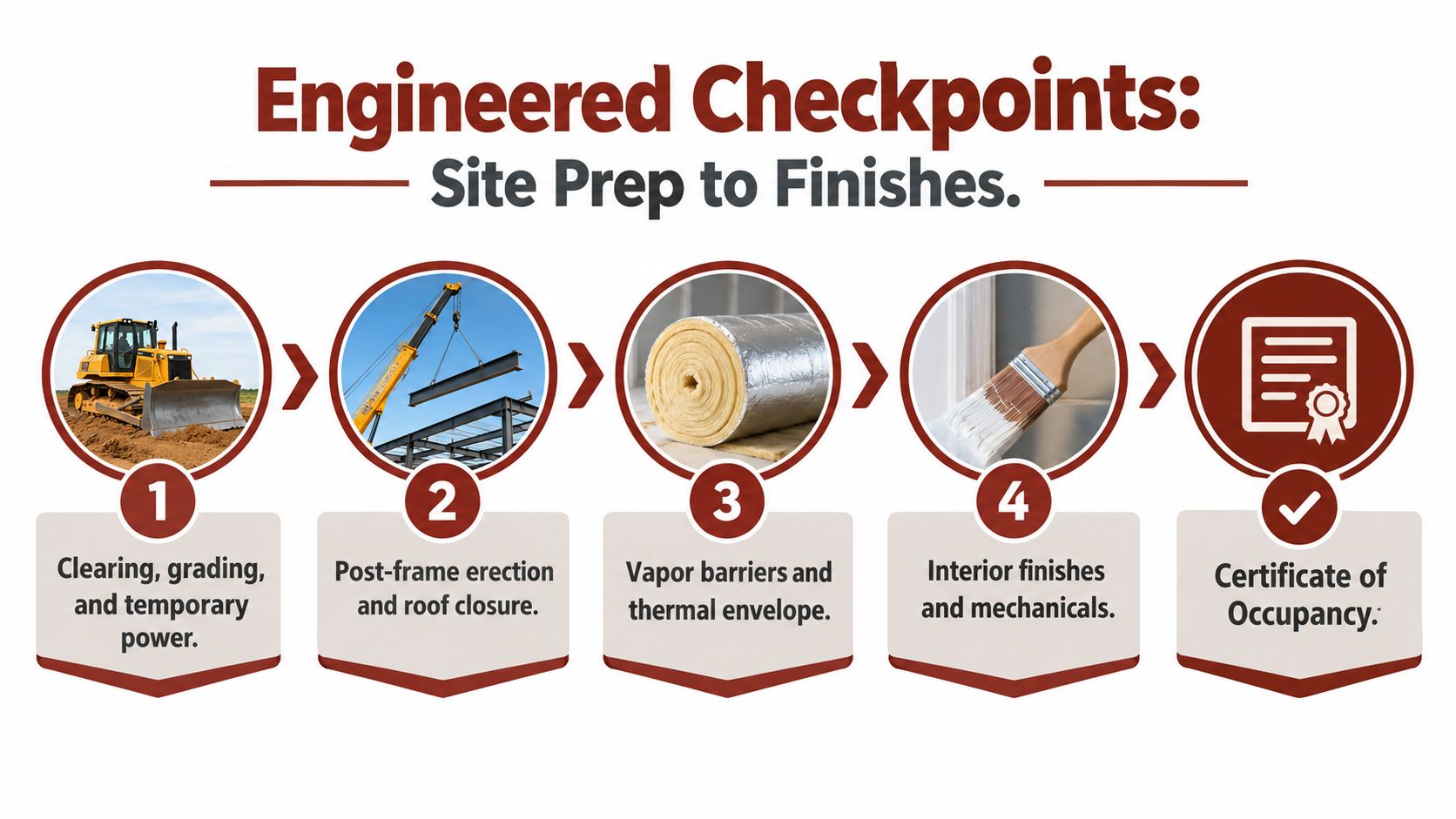 A five-step infographic showing the engineering construction checkpoints from site preparation to obtaining a certificate of occupancy.