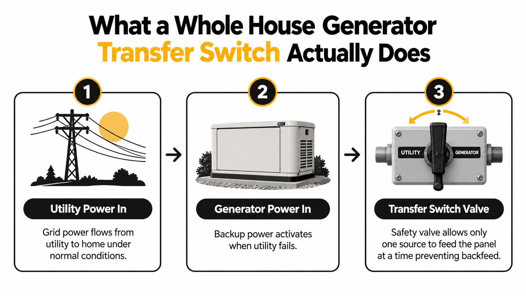 A simple diagram explaining the three-step process of how a whole house generator transfer switch works.