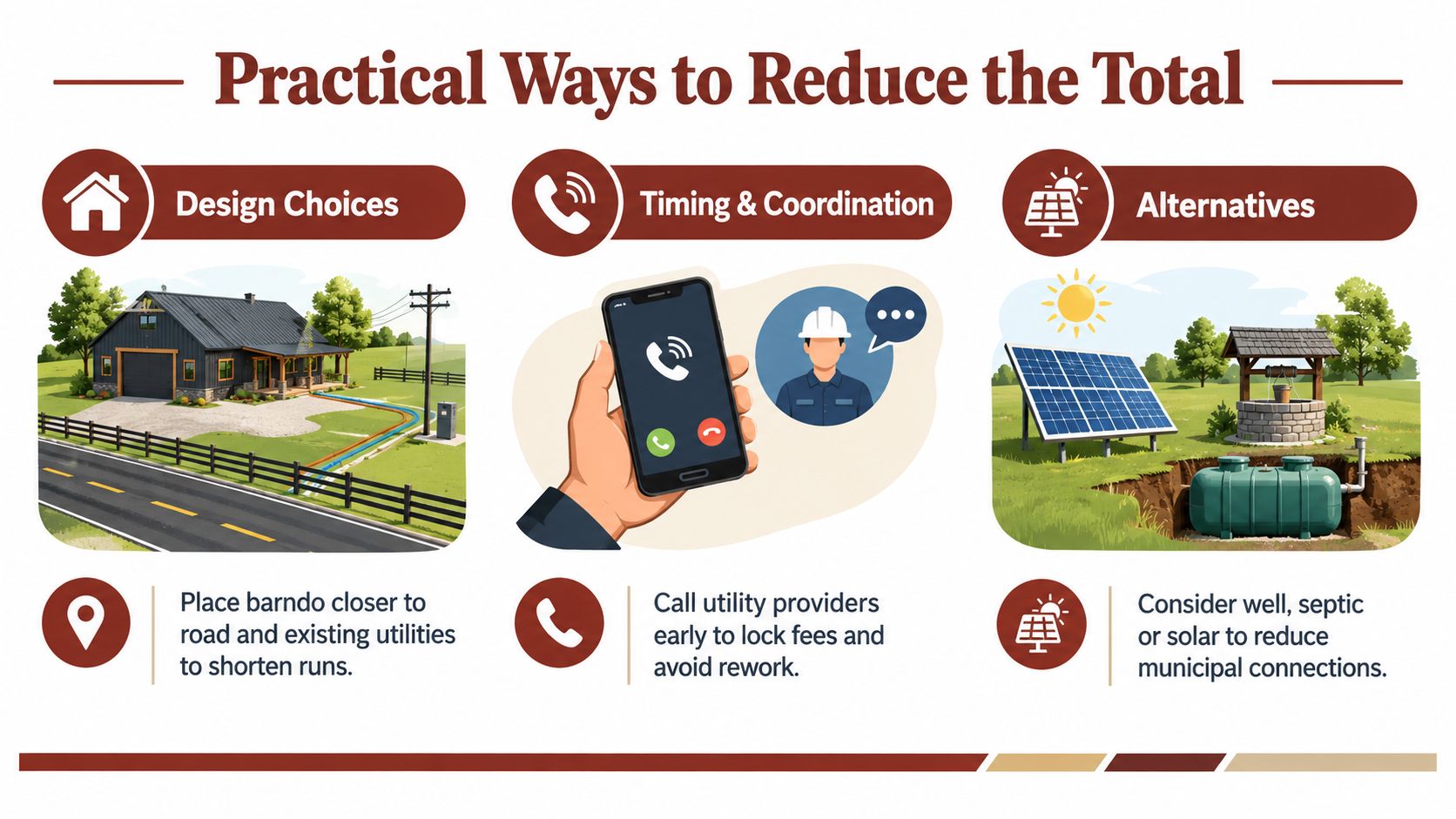 An infographic showing three practical ways to reduce utility connection costs for a new building project.