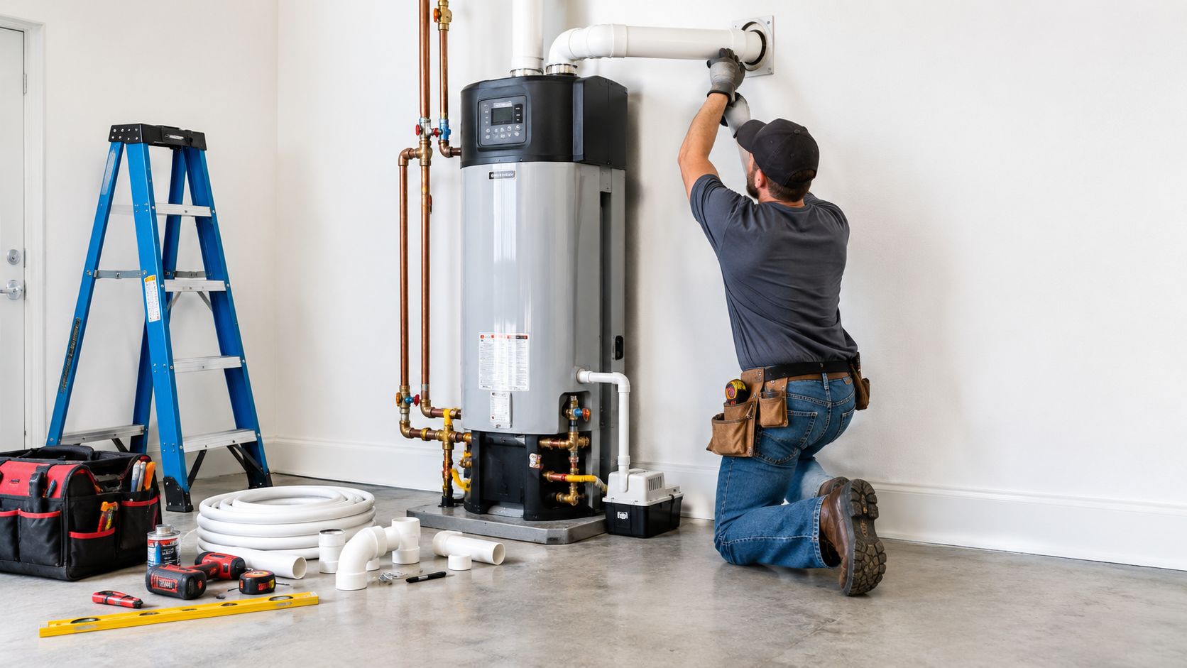 A professional technician installing a modern hybrid water heater in a residential garage setting.