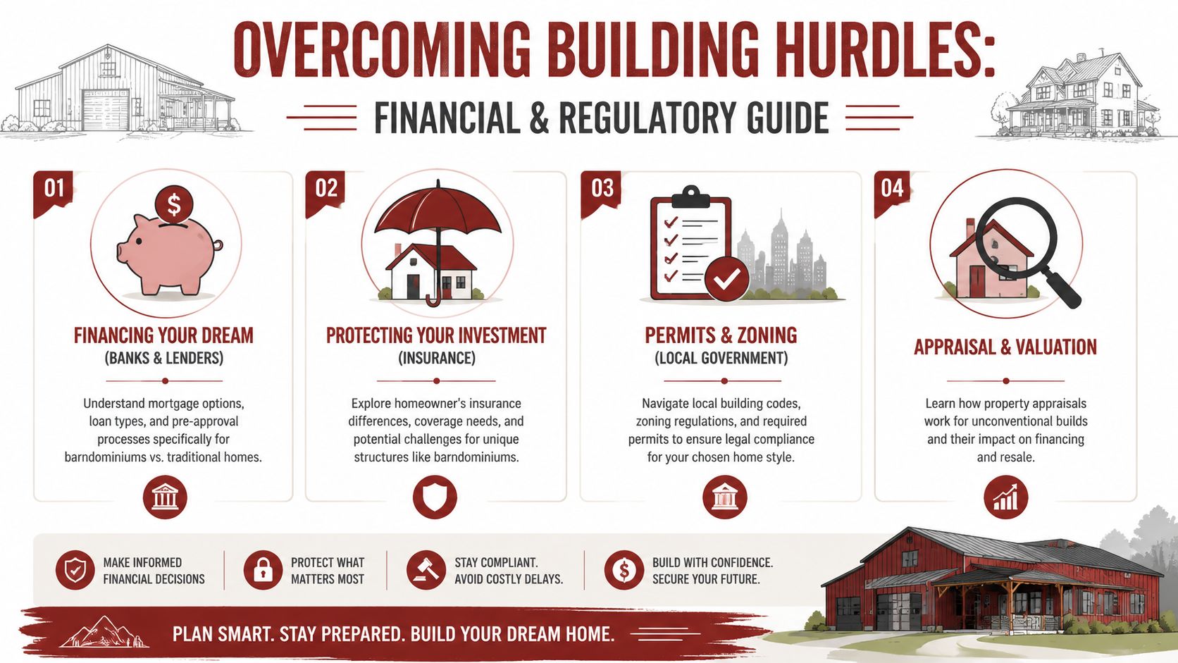 An infographic detailing essential steps for building a home, covering financing, insurance, permits, and property valuation processes.