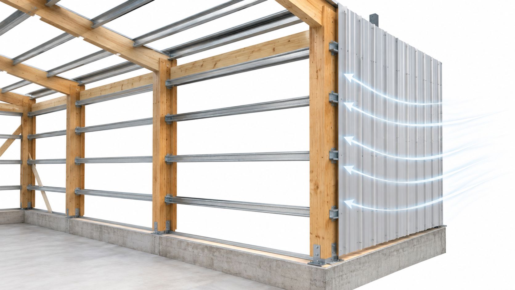 A 3D rendering of a post frame building structure featuring timber posts, metal girts, and corrugated siding.