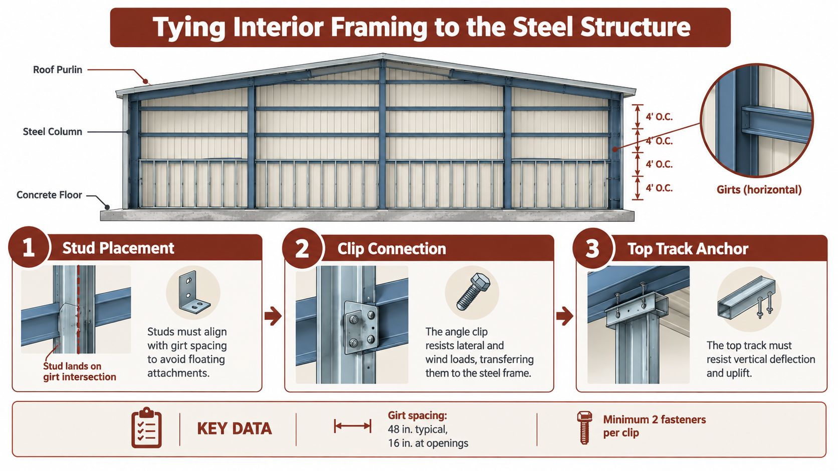 A diagram illustrating the step-by-step process of tying interior wall framing to a metal steel structure.