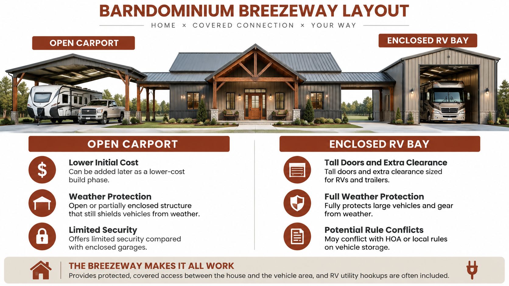 A house comparison graphic showing a barndominium with both an open carport and an enclosed RV bay.