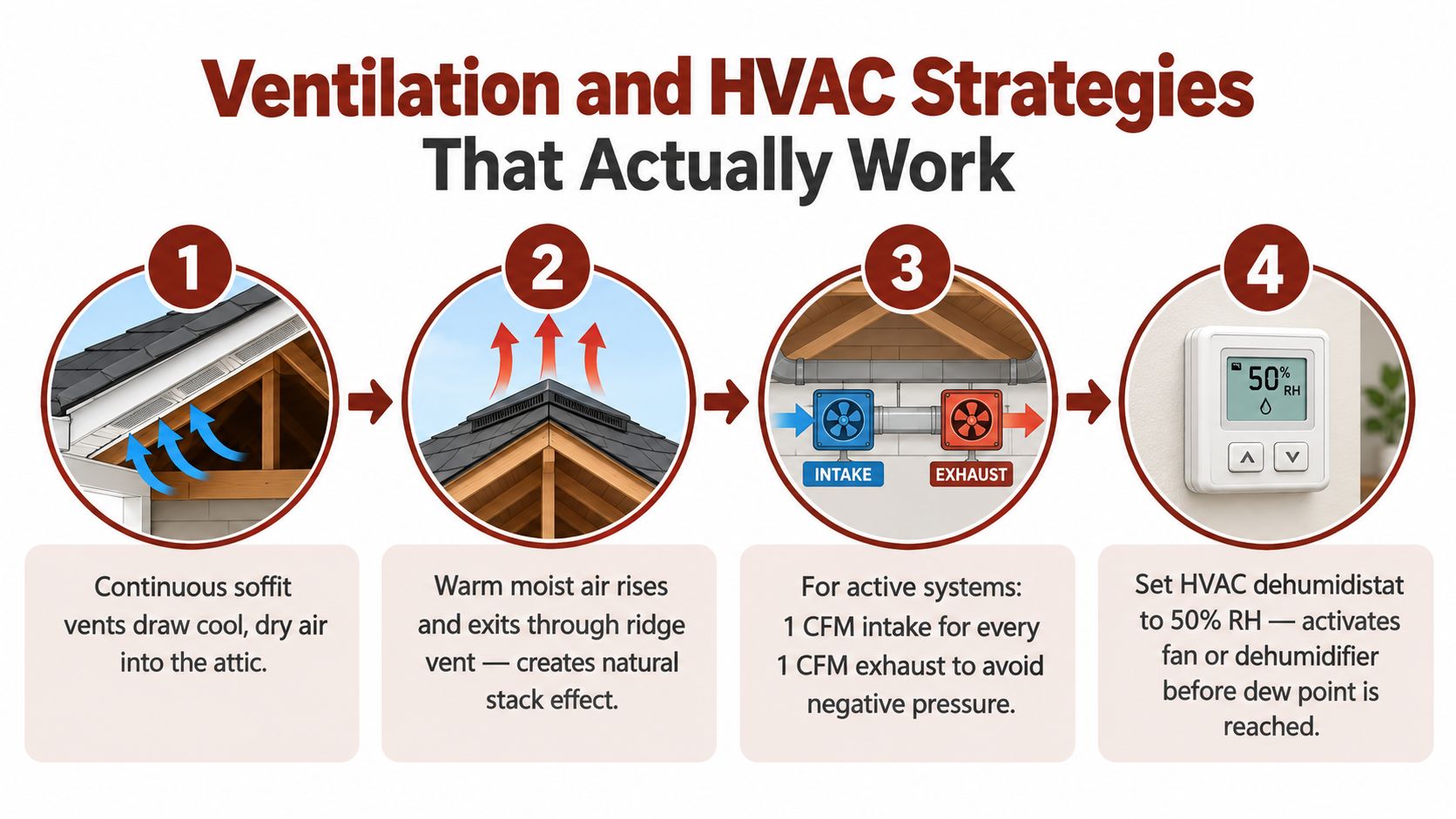 A diagram illustrating four key strategies for house ventilation and condensation prevention to improve indoor air quality.
