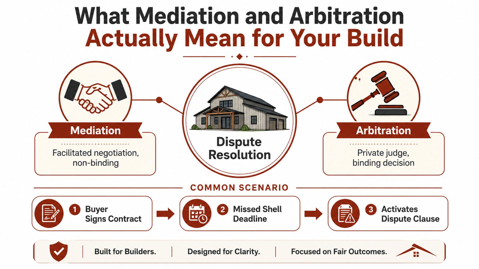An infographic explaining mediation and arbitration in construction, showing a common dispute scenario and resolution process.