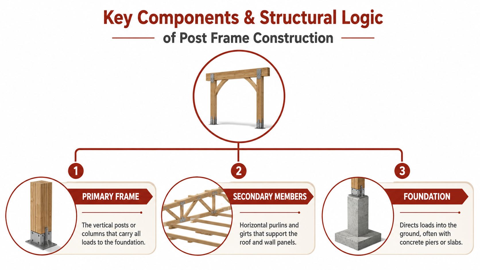 A diagram illustrating the three key structural components of post frame construction: primary frames, secondary members, and foundations.