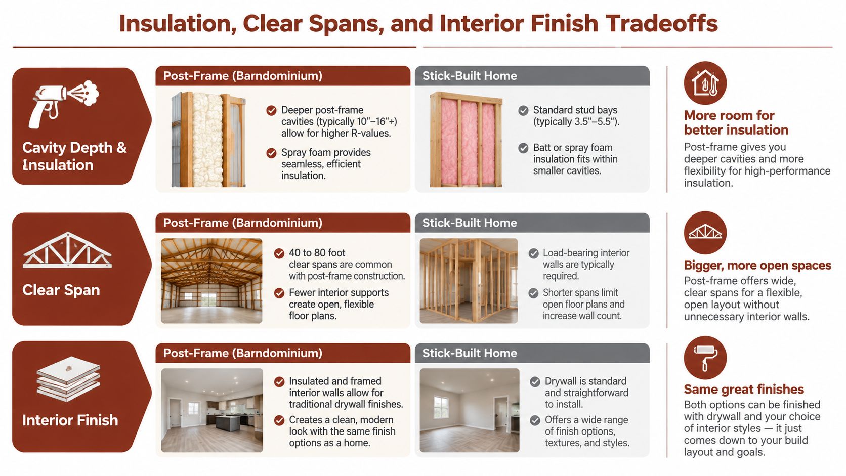 A comparison chart showing the structural and finish trade-offs between post-frame construction and stick-built homes.