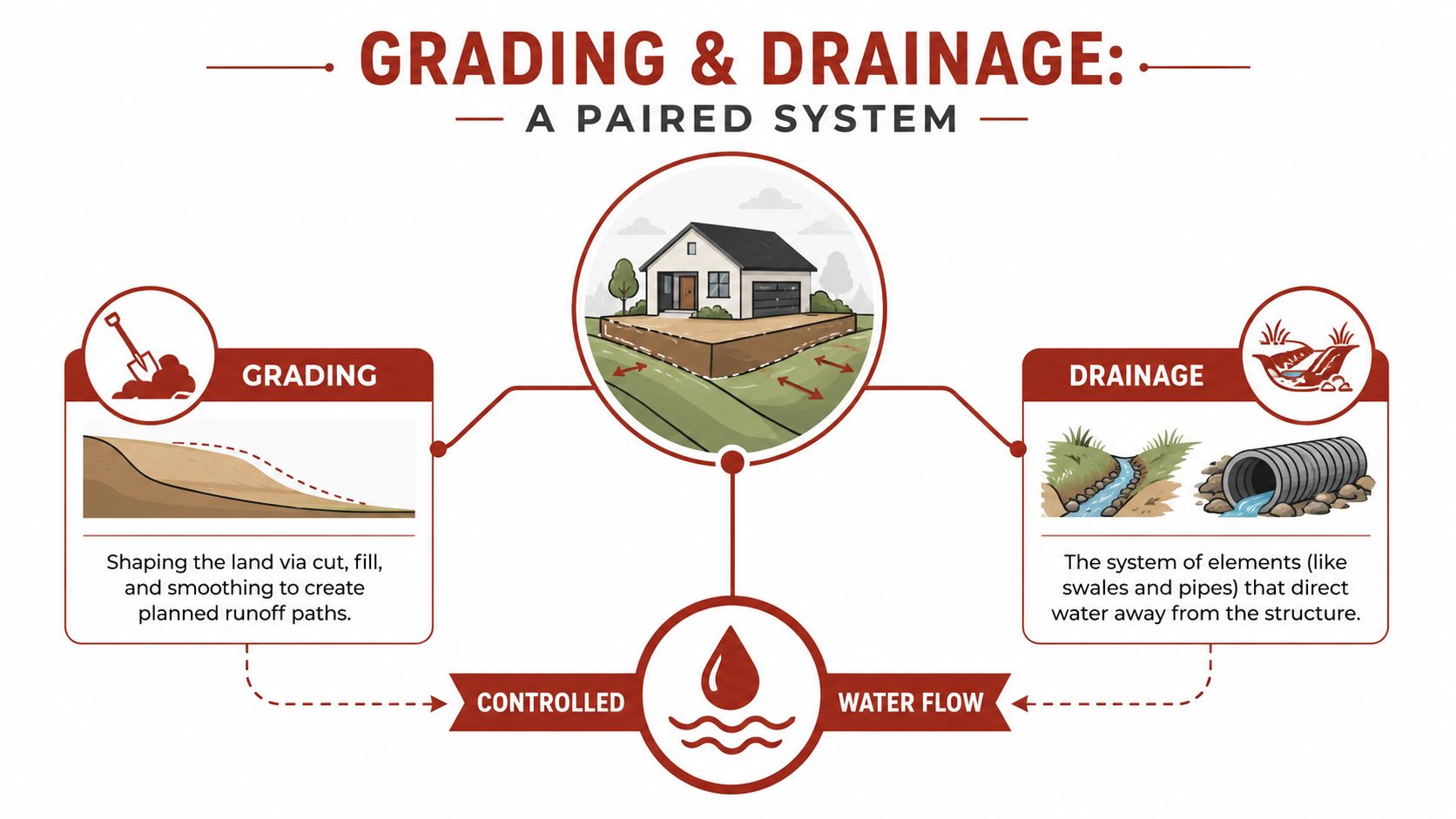 A diagram illustrating the paired relationship between residential land grading and water drainage systems for homeowners.