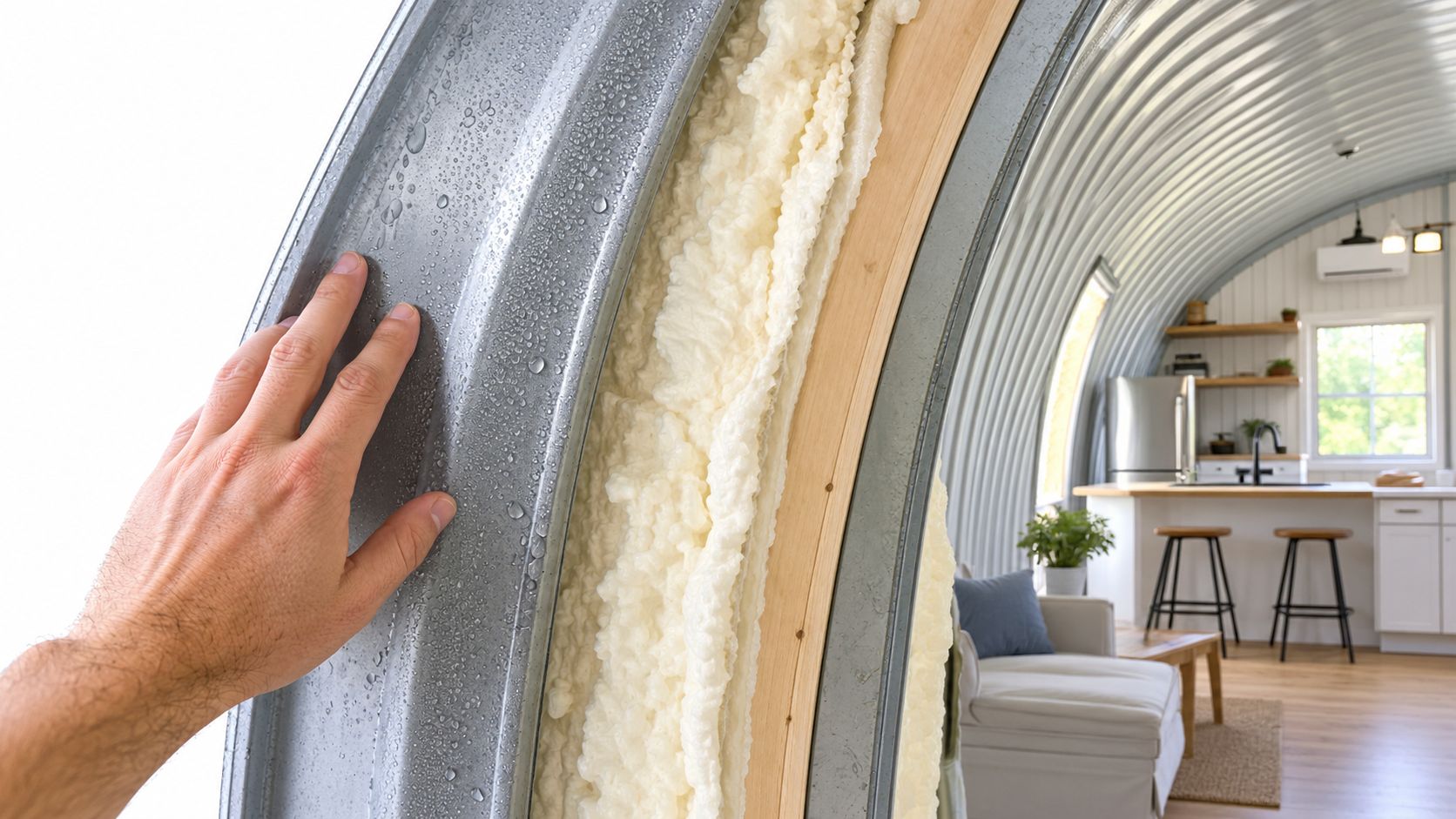 A close up view of a hand touching the insulated metal wall of a Quonset hut barndominium.