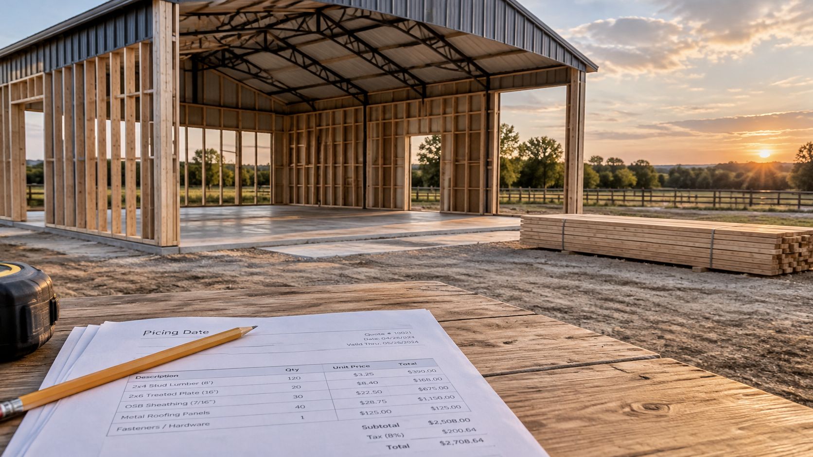 A printed construction materials quote rests on a wooden table overlooking a metal frame barn structure.