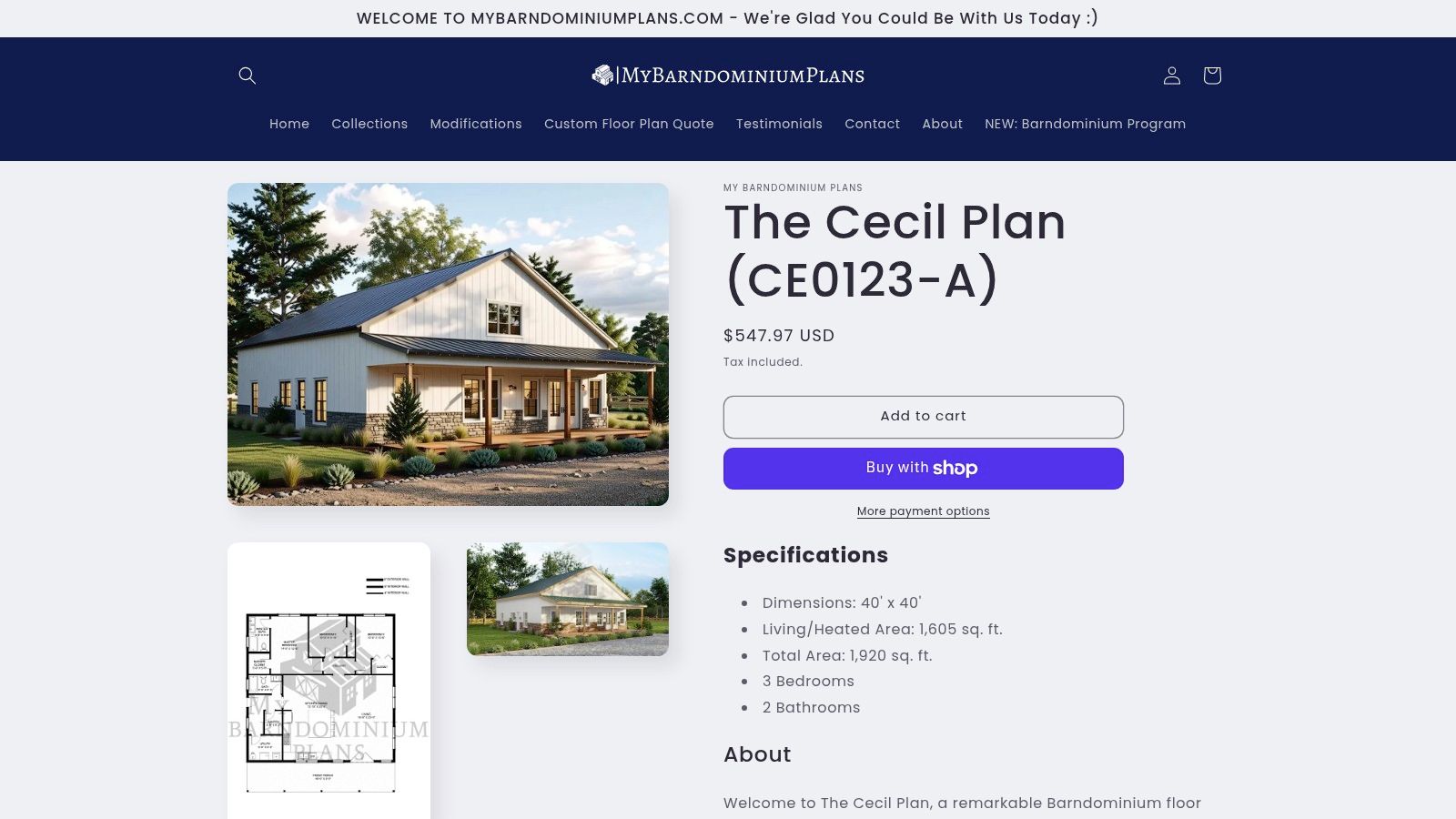 “Cecil” Plan (CE0123-A) by My Barndominium Plans