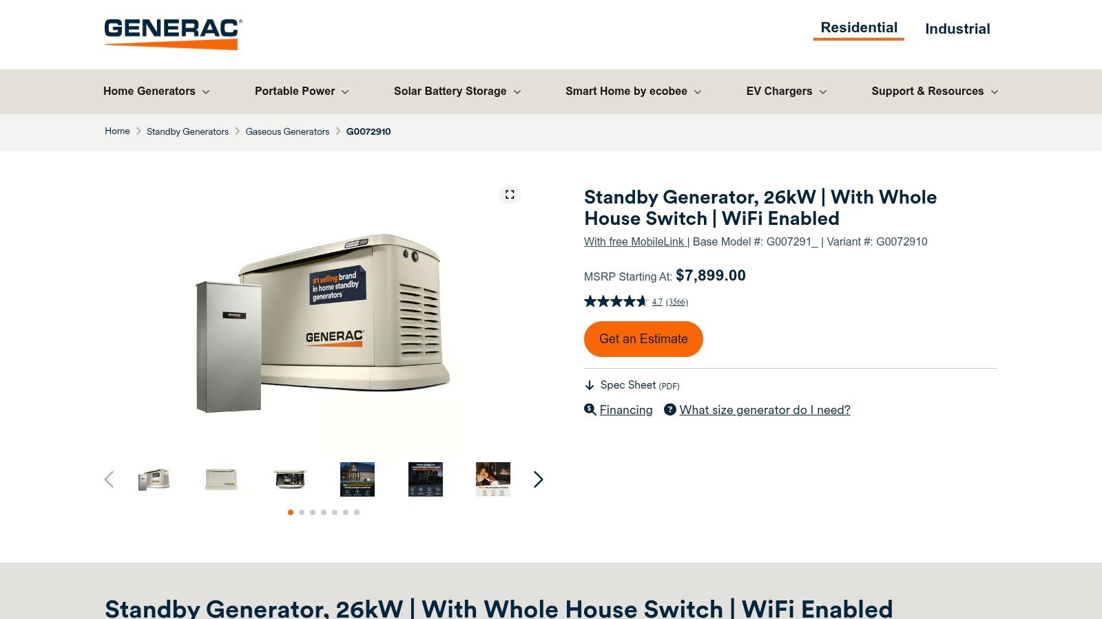 Generac Guardian 26 kW Model 7291