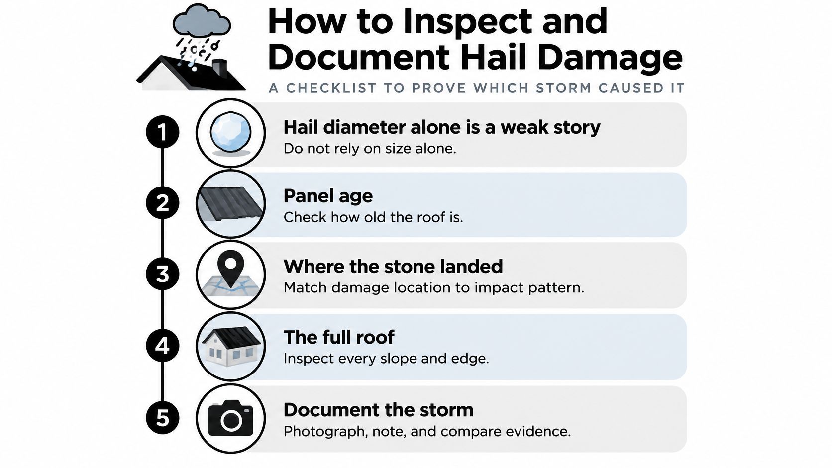 A checklist graphic titled How to Inspect and Document Hail Damage with five numbered steps for inspections.